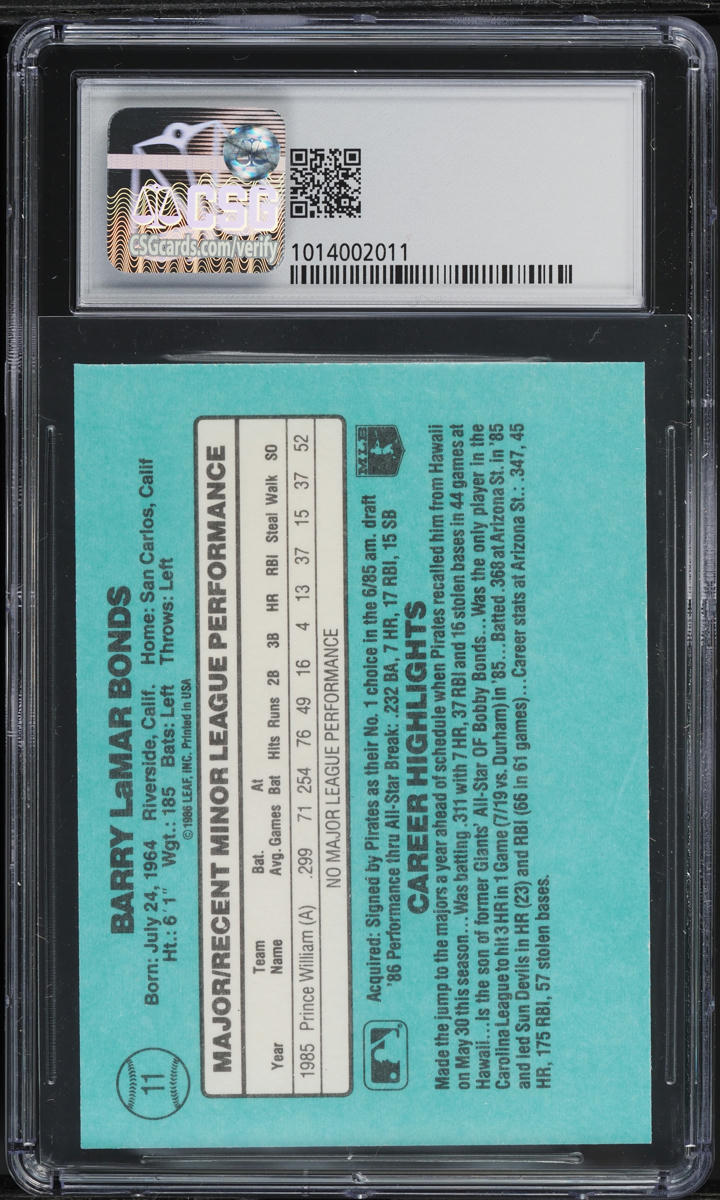 1986 Donruss The Rookies Barry Bonds ROOKIE #11 CSG 9 MINT