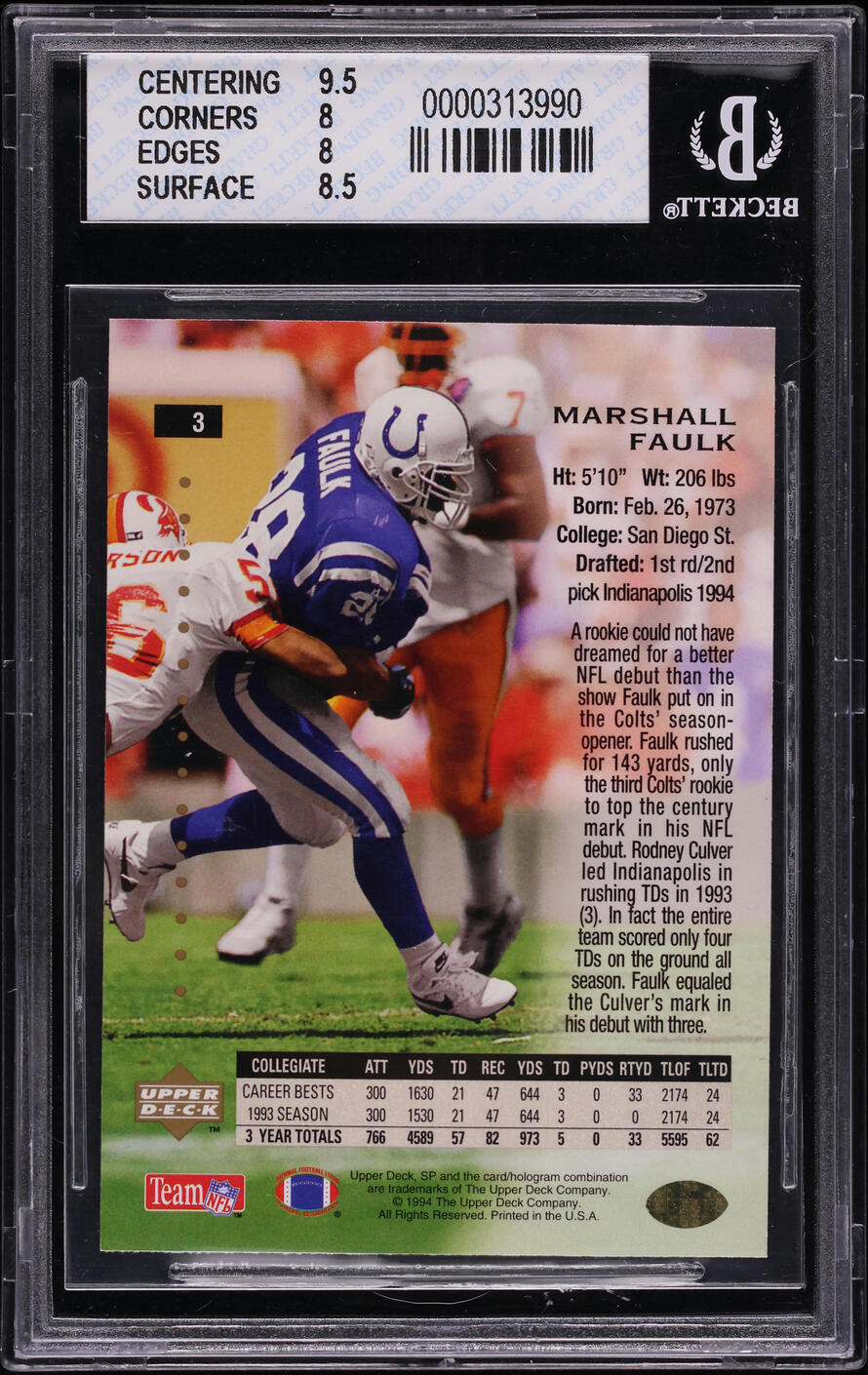 1994 SP Foil Marshall Faulk ROOKIE #3 BGS 8 NM-MT