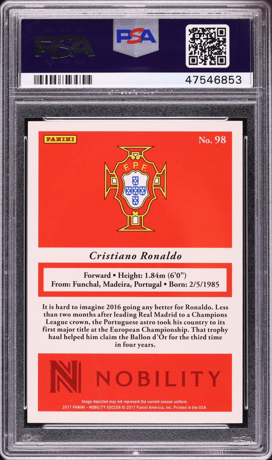2017 Panini Nobility Bronze Cristiano Ronaldo /20 #98 PSA 10 GEM