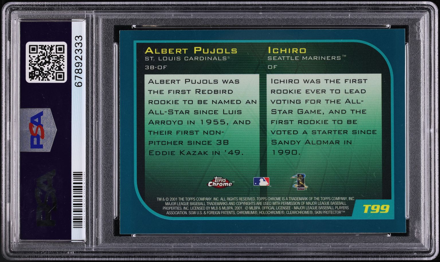 2001 Topps Chrome Traded Ichiro Suzuki & Albert Pujols ROOKIE #T99 PSA 9 MINT