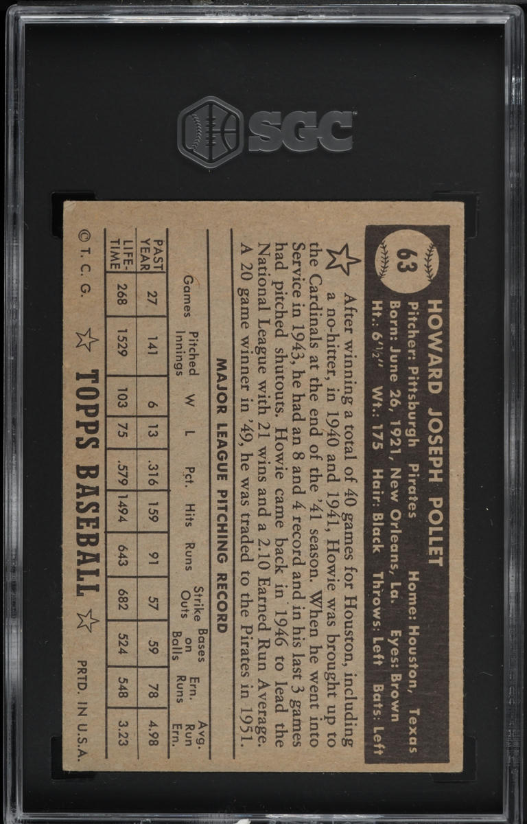 1952 Topps Howie Pollet BLACK BACK #63 SGC 5 EX