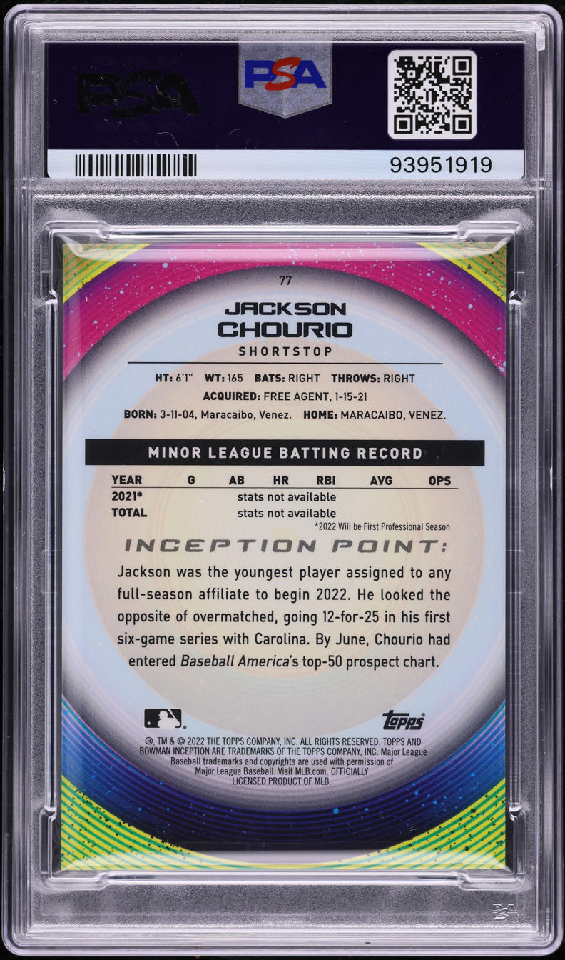 2022 Bowman Inception Jackson Chourio ROOKIE AUTO DNA 10 #77 PSA 10 GEM MINT