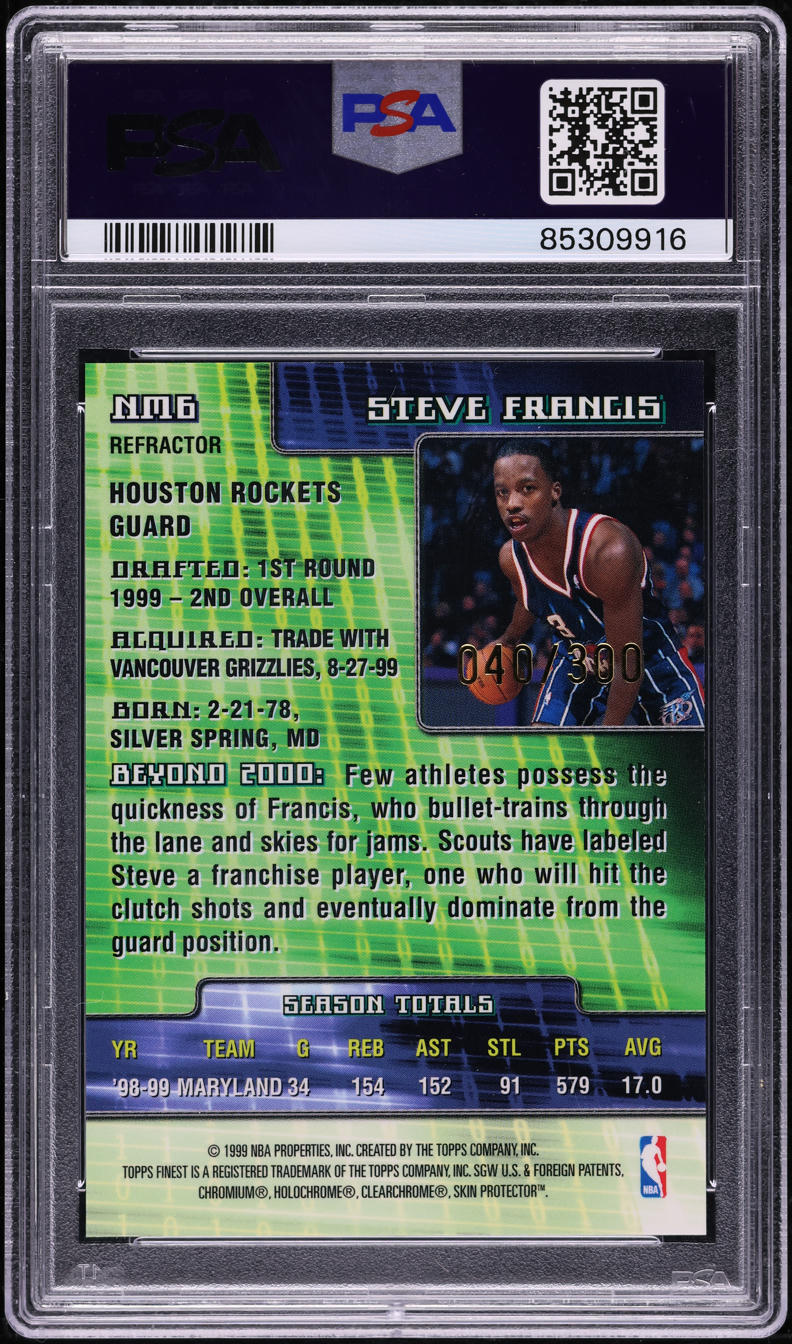 1999 Finest New Millennium Refractor Steve Francis ROOKIE /300 #NM6 PSA 10 GEM