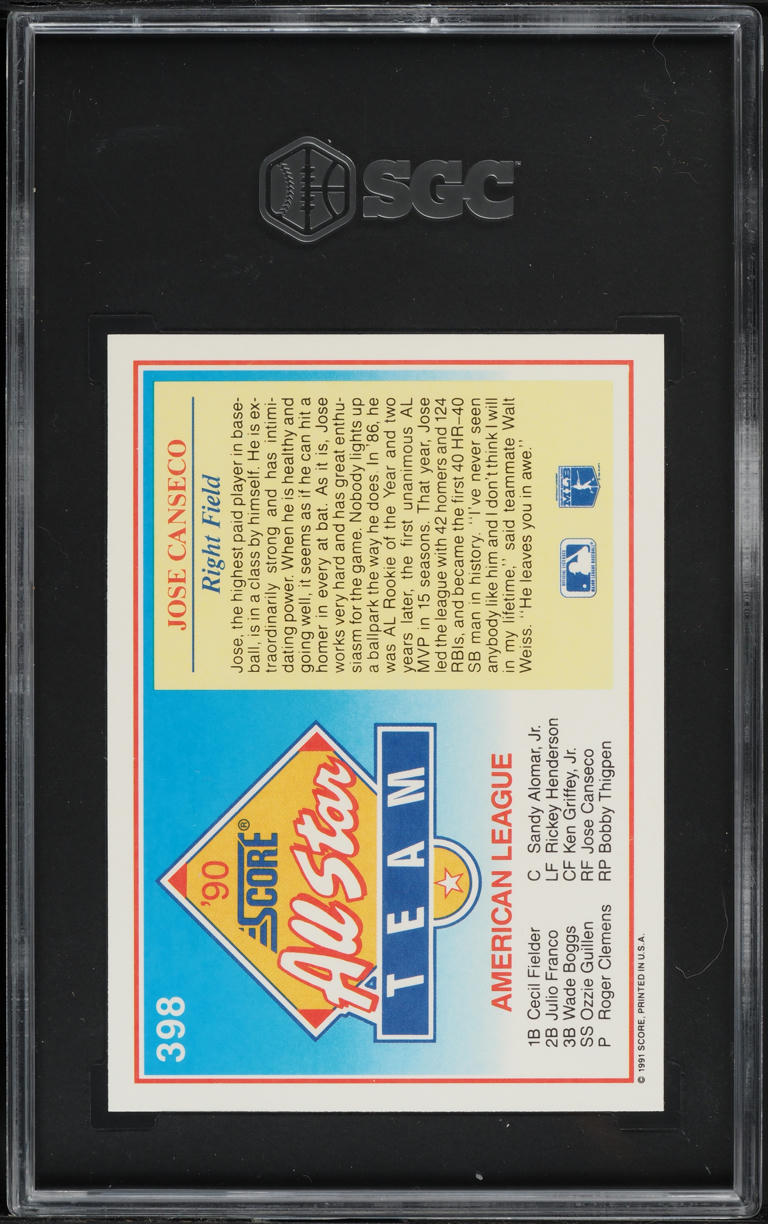 1991 Score Jose Canseco #398 SGC 10 GEM MINT