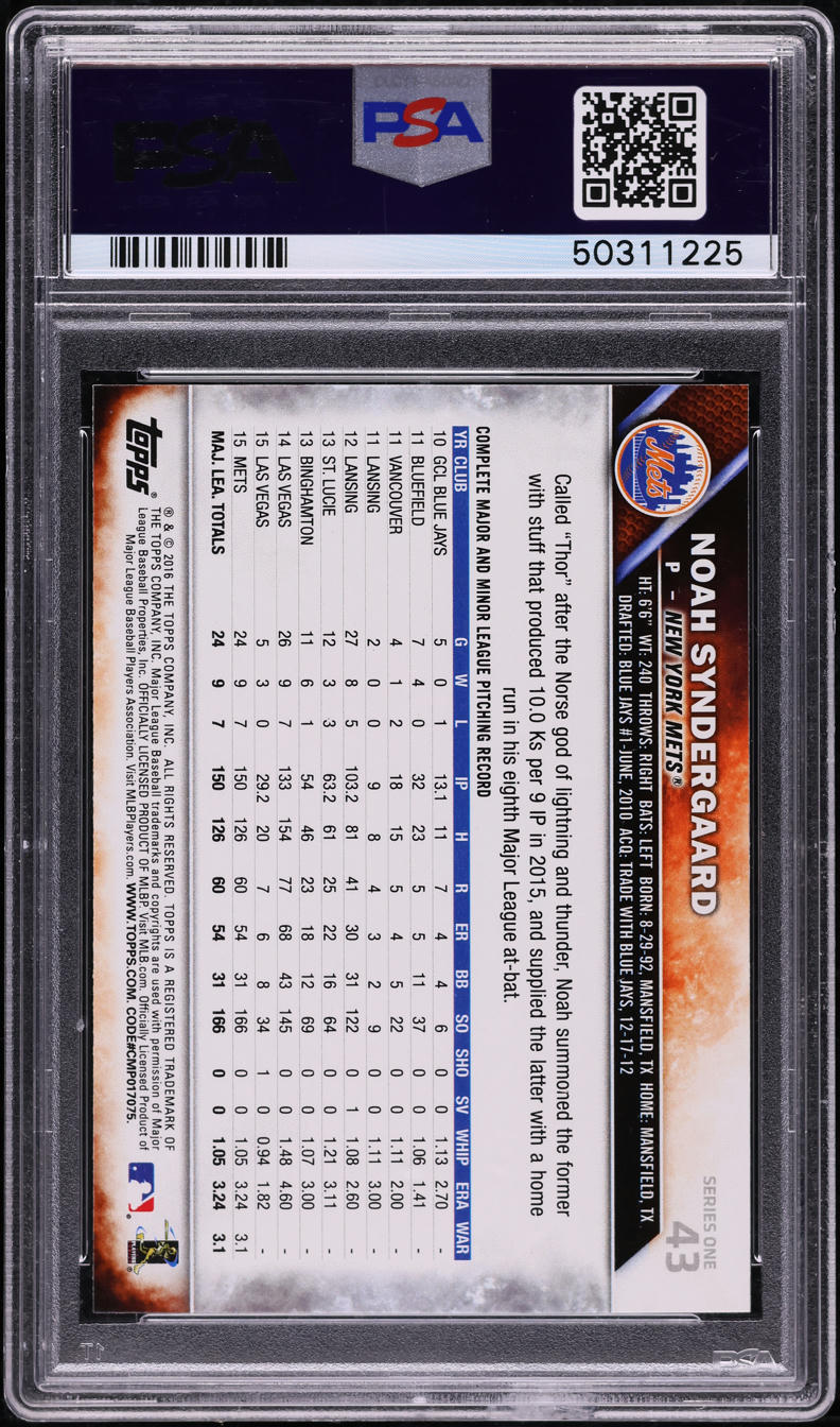 2016 Topps Noah Syndergaard #43 PSA 10 GEM MINT