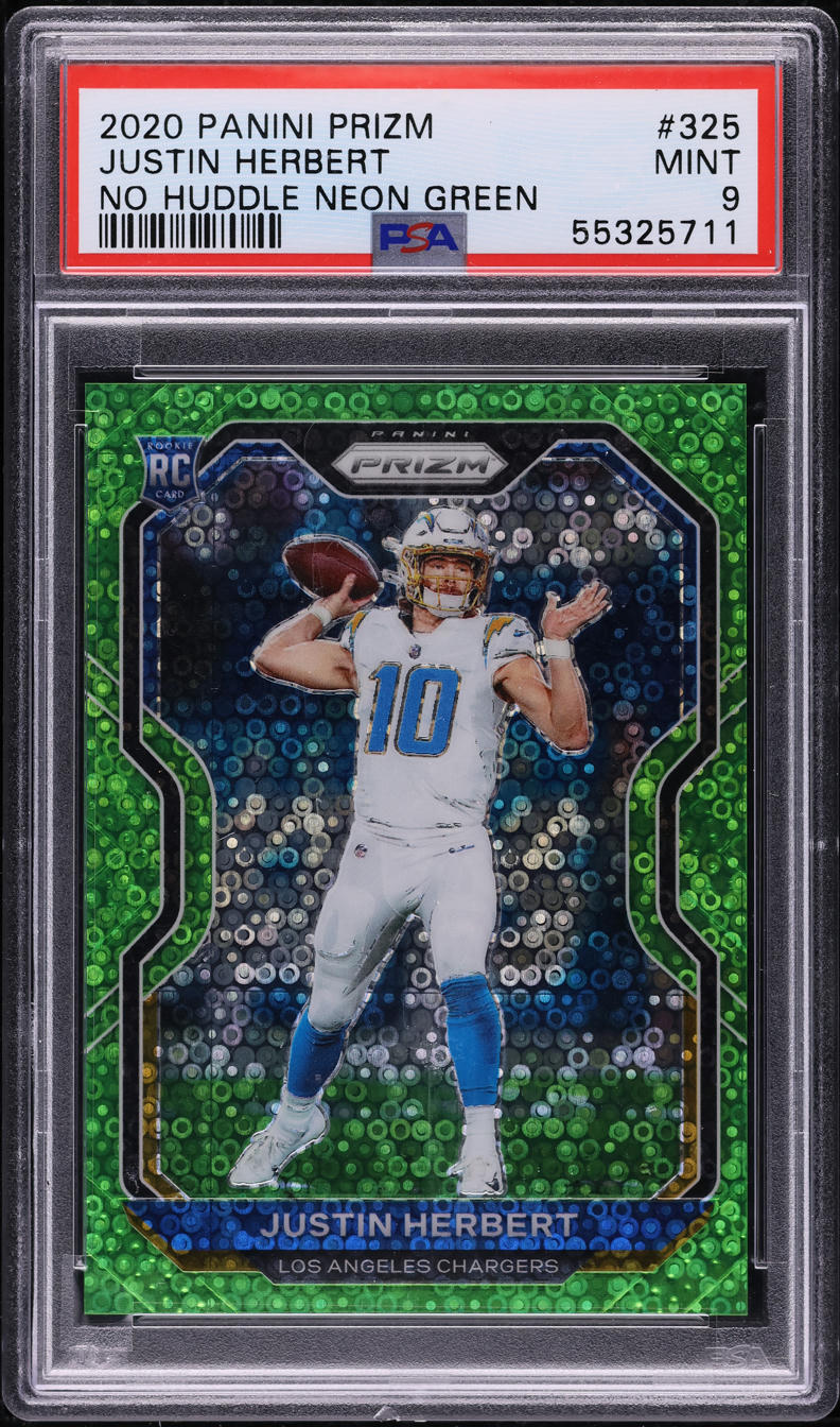2020 Panini Prizm No Huddle Neon Green Justin Herbert /5 #325 PSA 9 MINT
