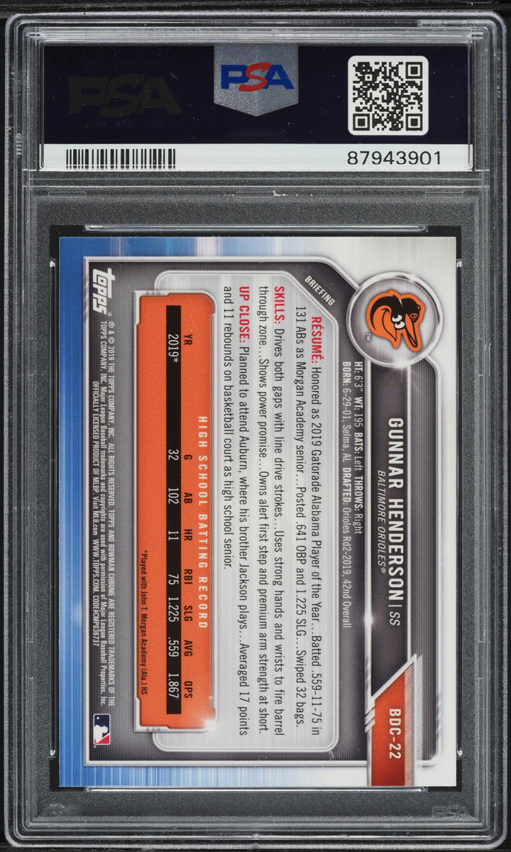 2019 Bowman Chrome Draft Gunnar Henderson ROOKIE #BDC-22 PSA 9 MINT