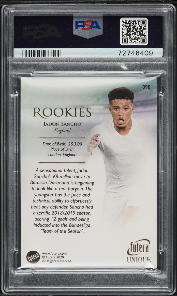 2020 Futera Unique World Football Jadon Sancho ROOKIE #98 PSA 9 MINT