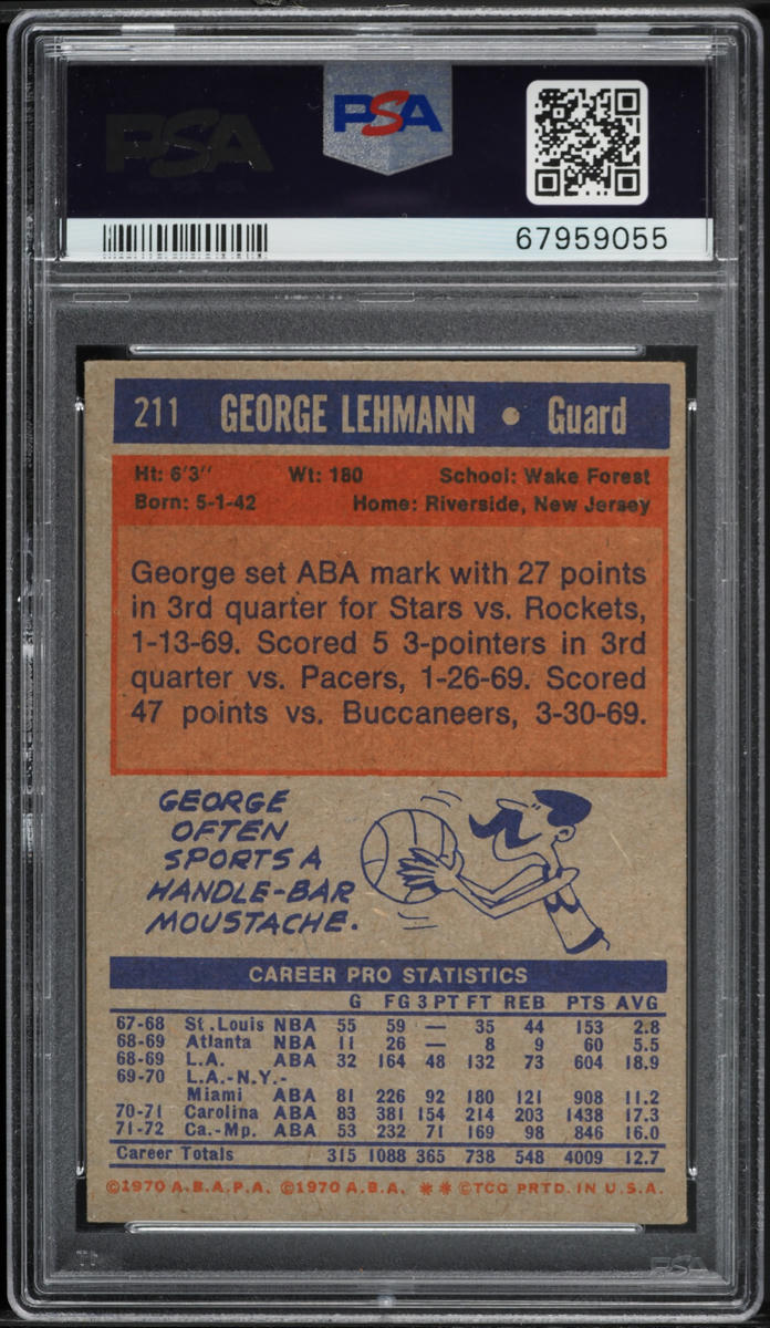 1972 Topps Basketball George Lehmann #211 PSA 4 VGEX