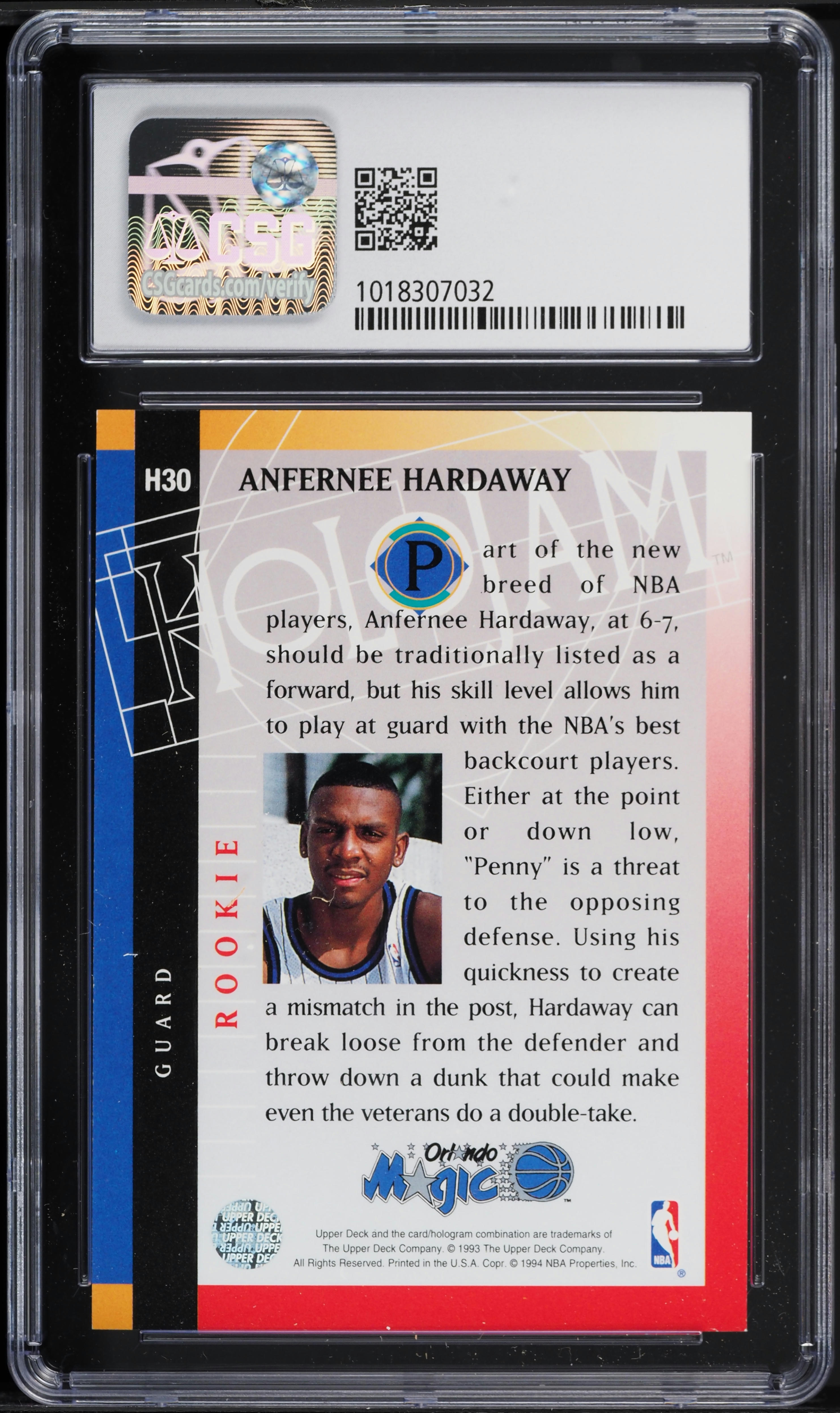 1993 Upper Deck Holojams Anfernee Hardaway ROOKIE #H30 CSG 8.5 NM