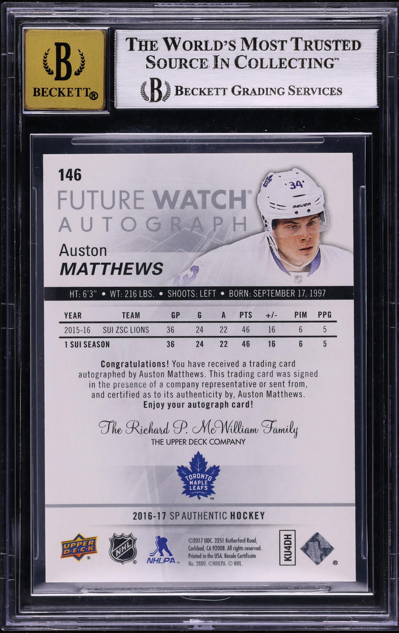 2016 SP Authentic Auston Matthews ROOKIE AUTO /999 #146 BGS 8.5 NM-MT+