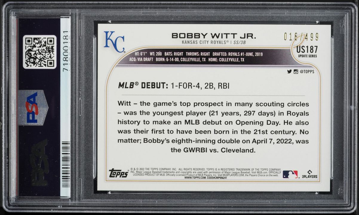 2022 Topps Update Green Foil Bobby Witt Jr. ROOKIE /499 #US187 PSA 10 GEM MINT