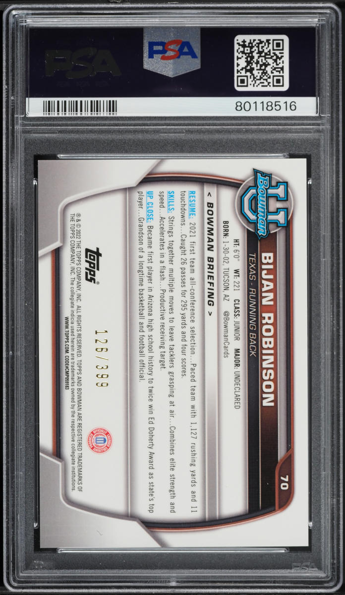 2022 Bowman Chrome U Purple Refractor Bijan Robinson ROOKIE /399 #70 PSA 10 GEM