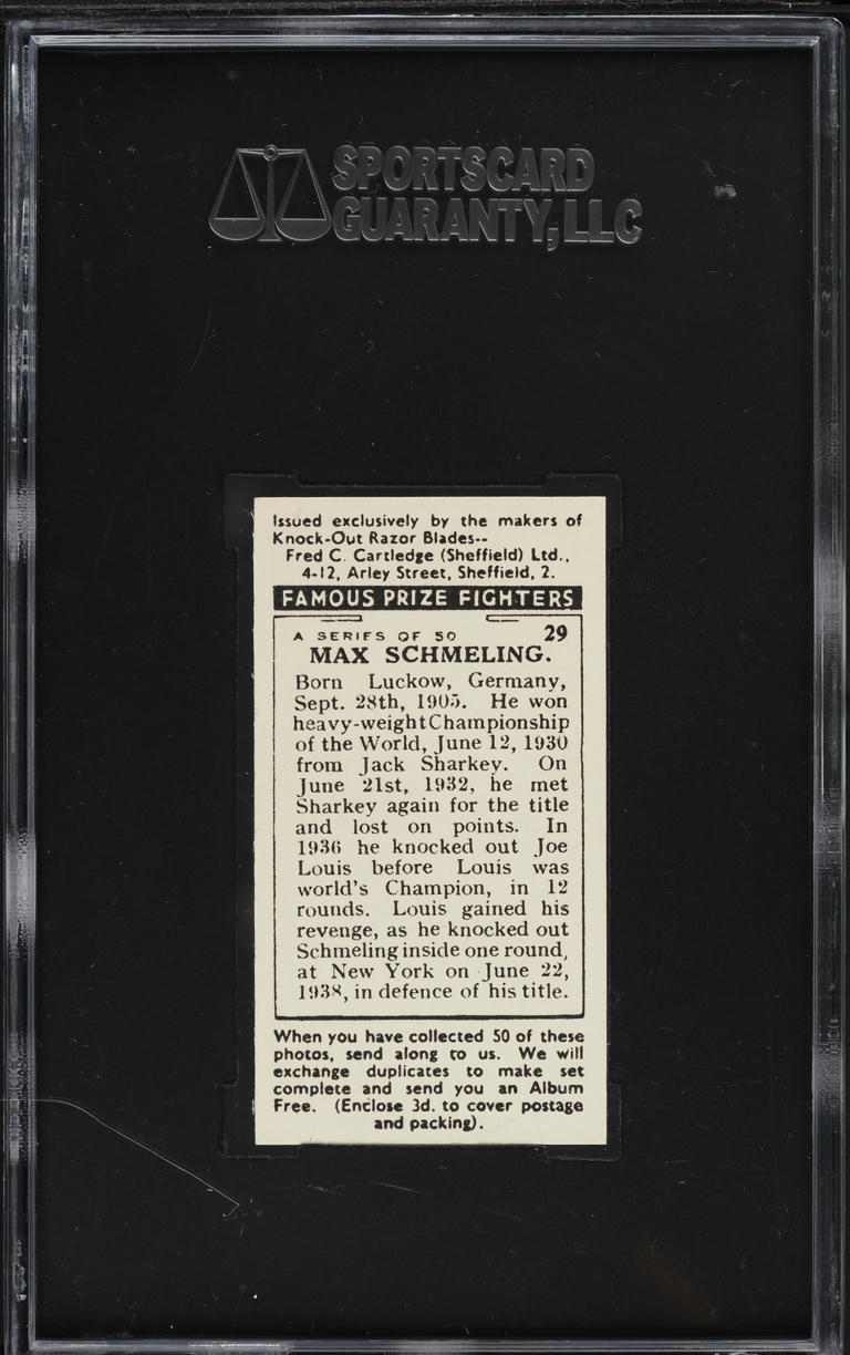 1938 Cartledge Razor Famous Prize Fighters Max Schmeling #29 SGC 8 NM-MT