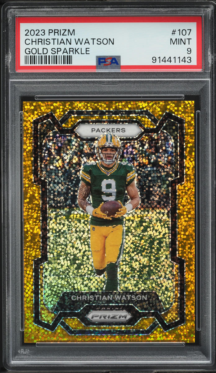 2023 Panini Prizm Gold Sparkle Christian Watson /24 #107 PSA 9 MINT