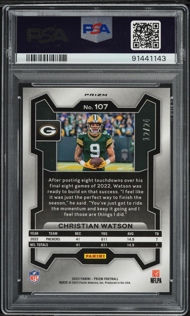 2023 Panini Prizm Gold Sparkle Christian Watson /24 #107 PSA 9 MINT