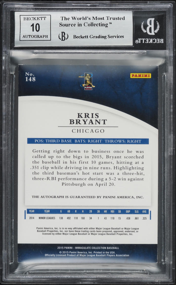 2015 Immaculate Collection Kris Bryant ROOKIE AUTO 1/99 #148 BGS