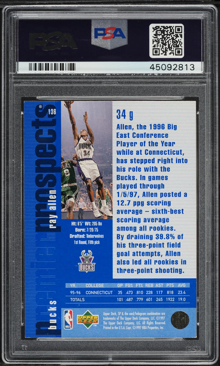 1996 SP Basketball Ray Allen ROOKIE #136 PSA 7 NRMT