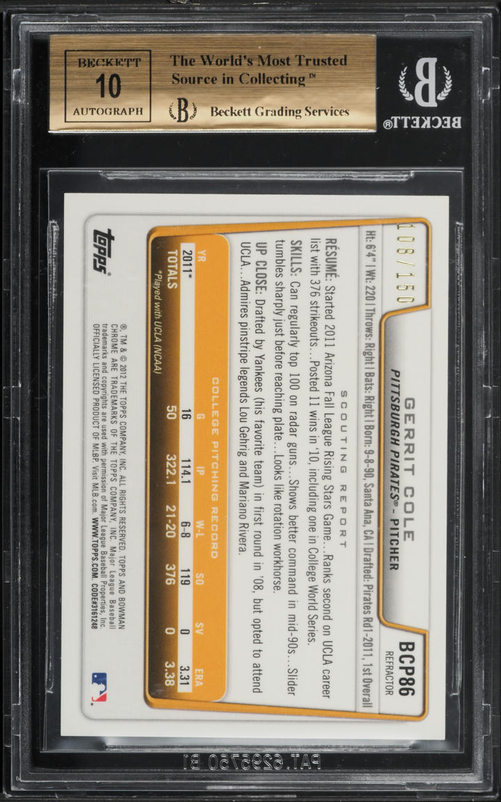 2012 Bowman Chrome Blue Refractor Gerrit Cole ROOKIE AUTO /150 BGS 9.5 GEM MINT