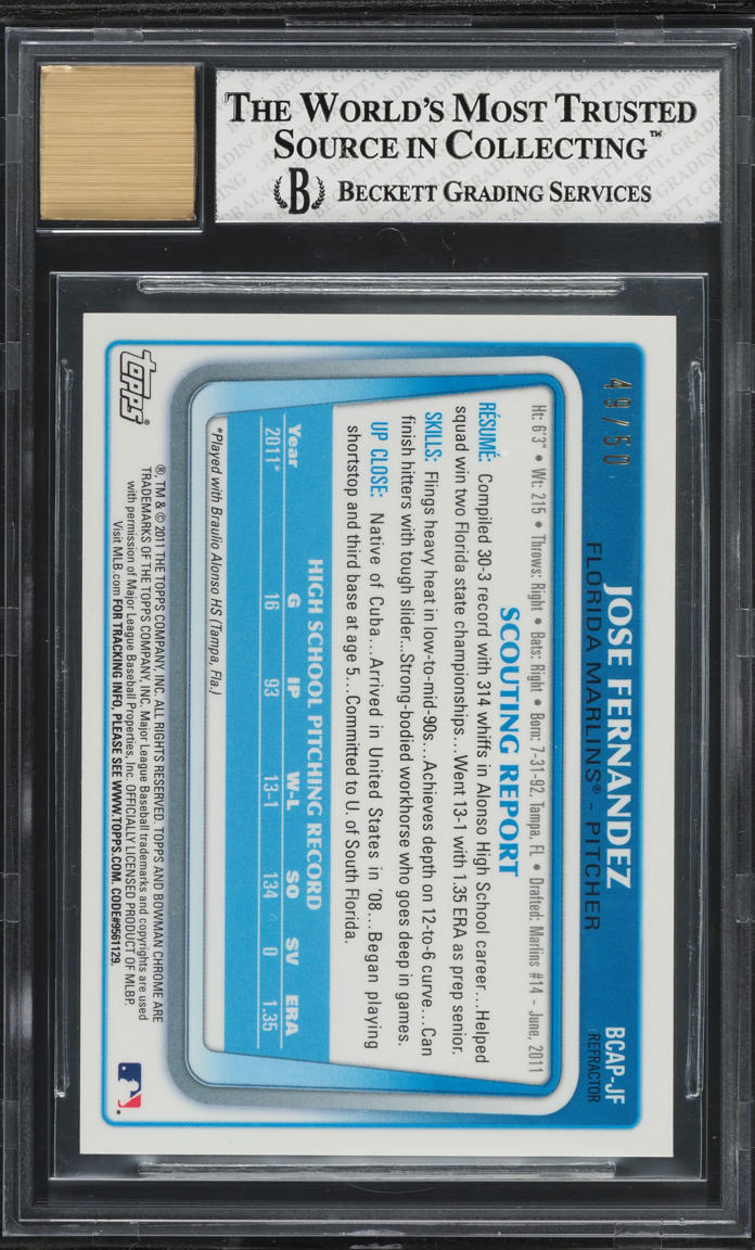 2011 Bowman Chrome Draft Gold Refractor Jose Fernandez ROOKIE AUTO /50 BGS 7.5