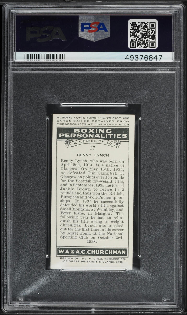 1938 W.A. & A.C. Churchman Boxing Personalities Benny Lynch #27 PSA 7 NRMT
