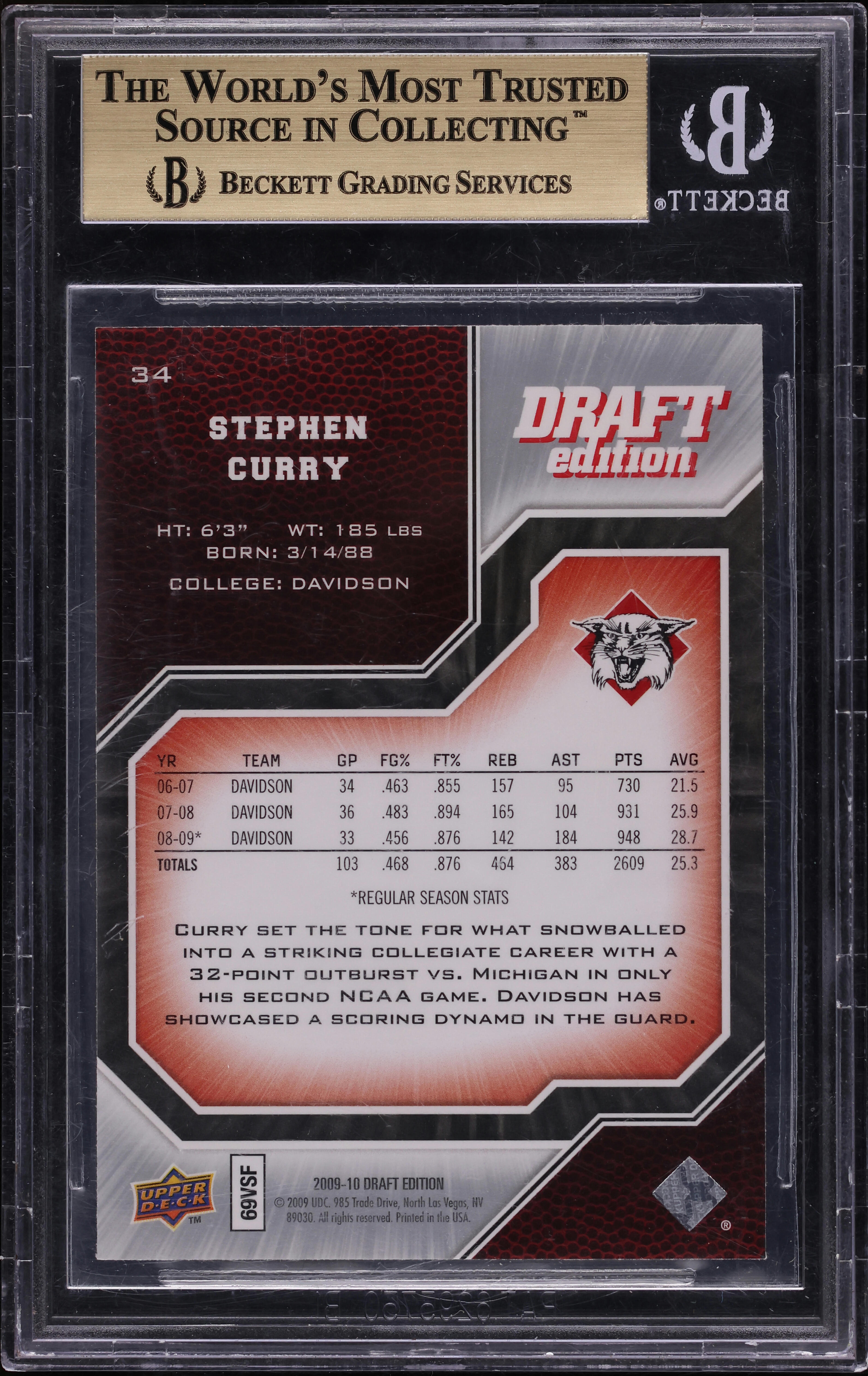 2009 Upper Deck Draft Edition Stephen Curry ROOKIE #34 BGS 9.5 GEM
