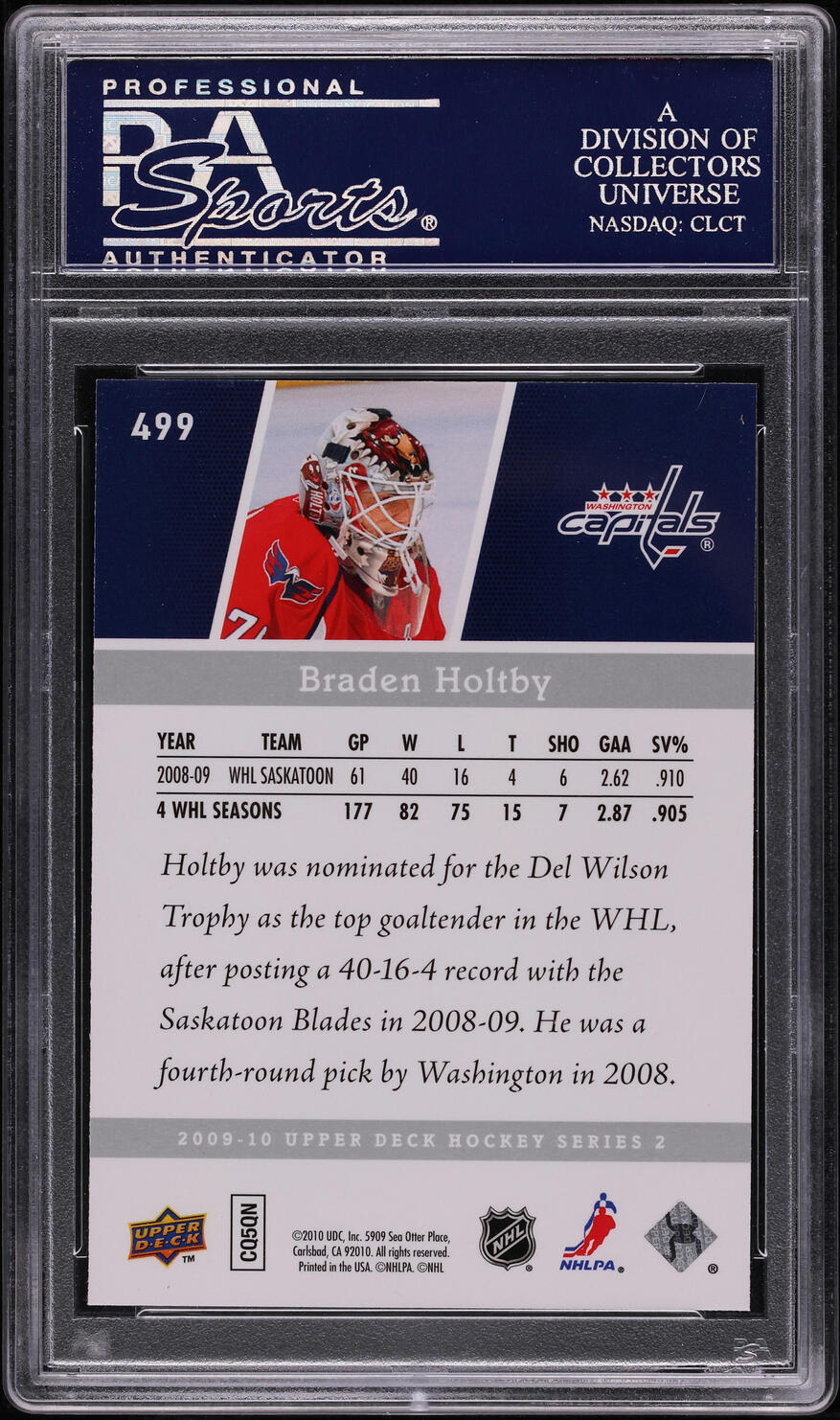 2009 Upper Deck Young Guns Braden Holtby ROOKIE #499 PSA 10 GEM MINT