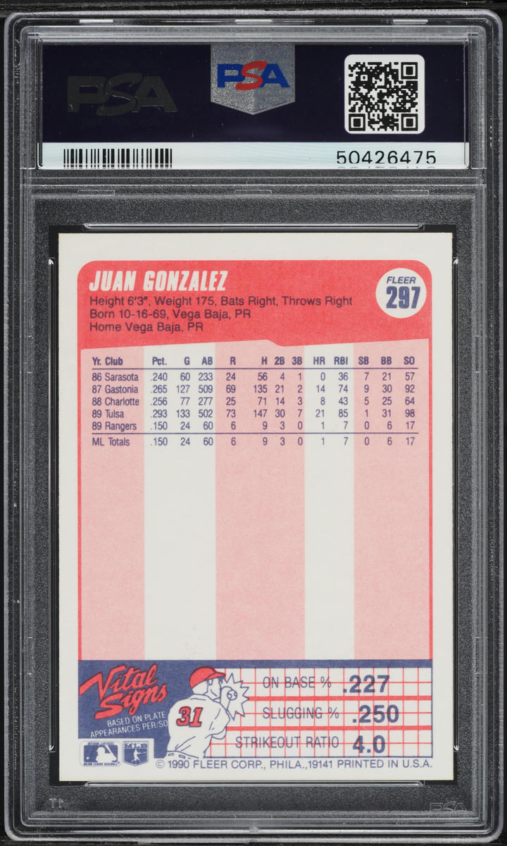 1990 Fleer Juan Gonzalez ROOKIE #297 PSA 9 MINT