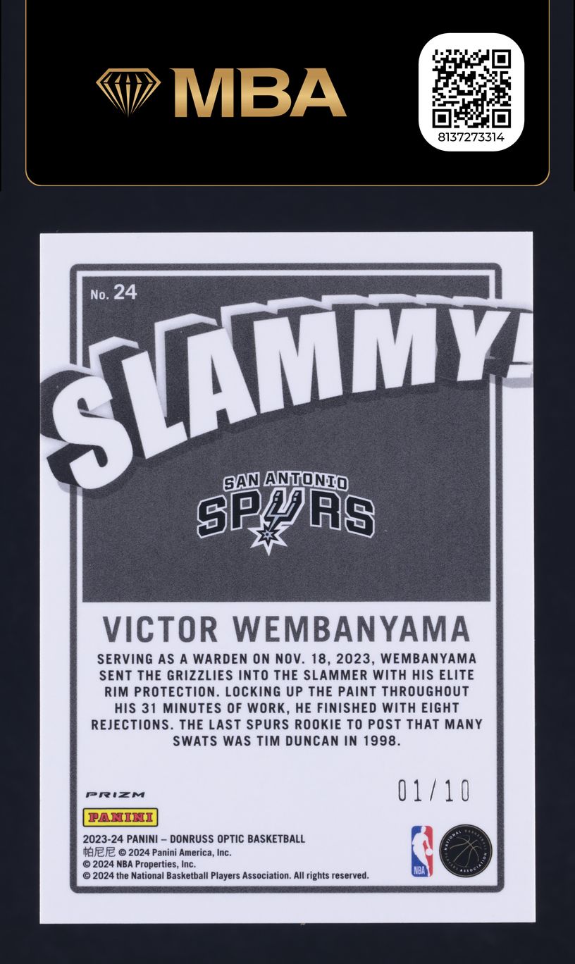 2023 Donruss Optic Slammy! Gold Victor Wembanyama ROOKIE JSY # 1/10 #24 MBA AUTH