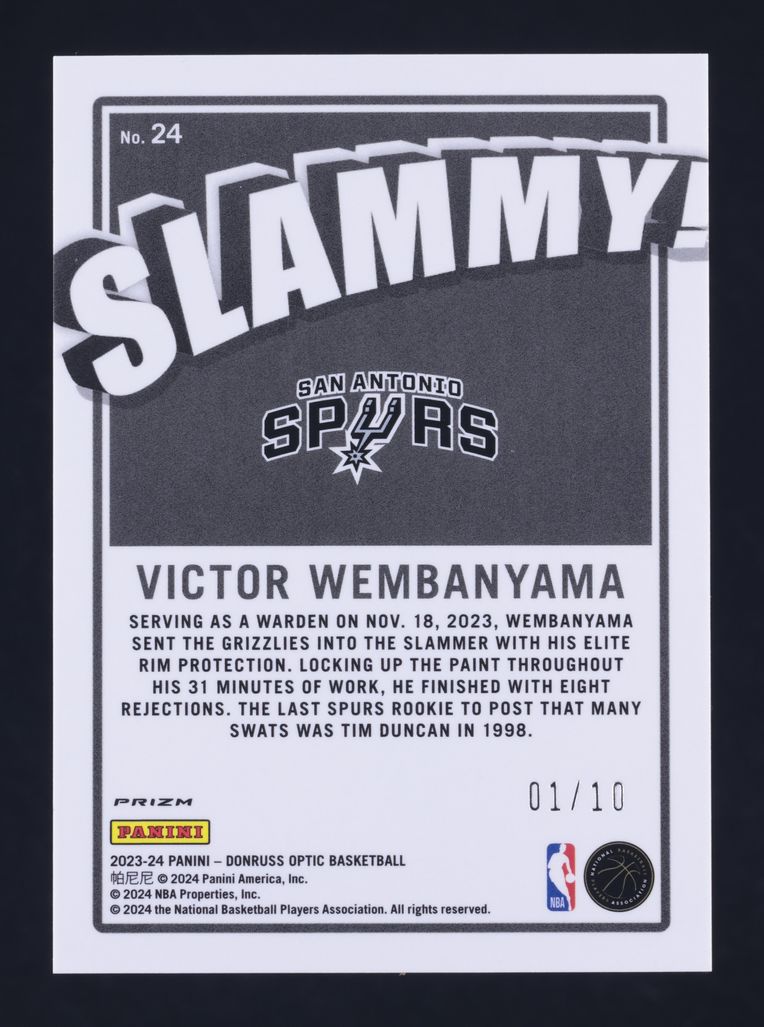 2023 Donruss Optic Slammy! Gold Victor Wembanyama ROOKIE JSY # 1/10 #24 MBA AUTH
