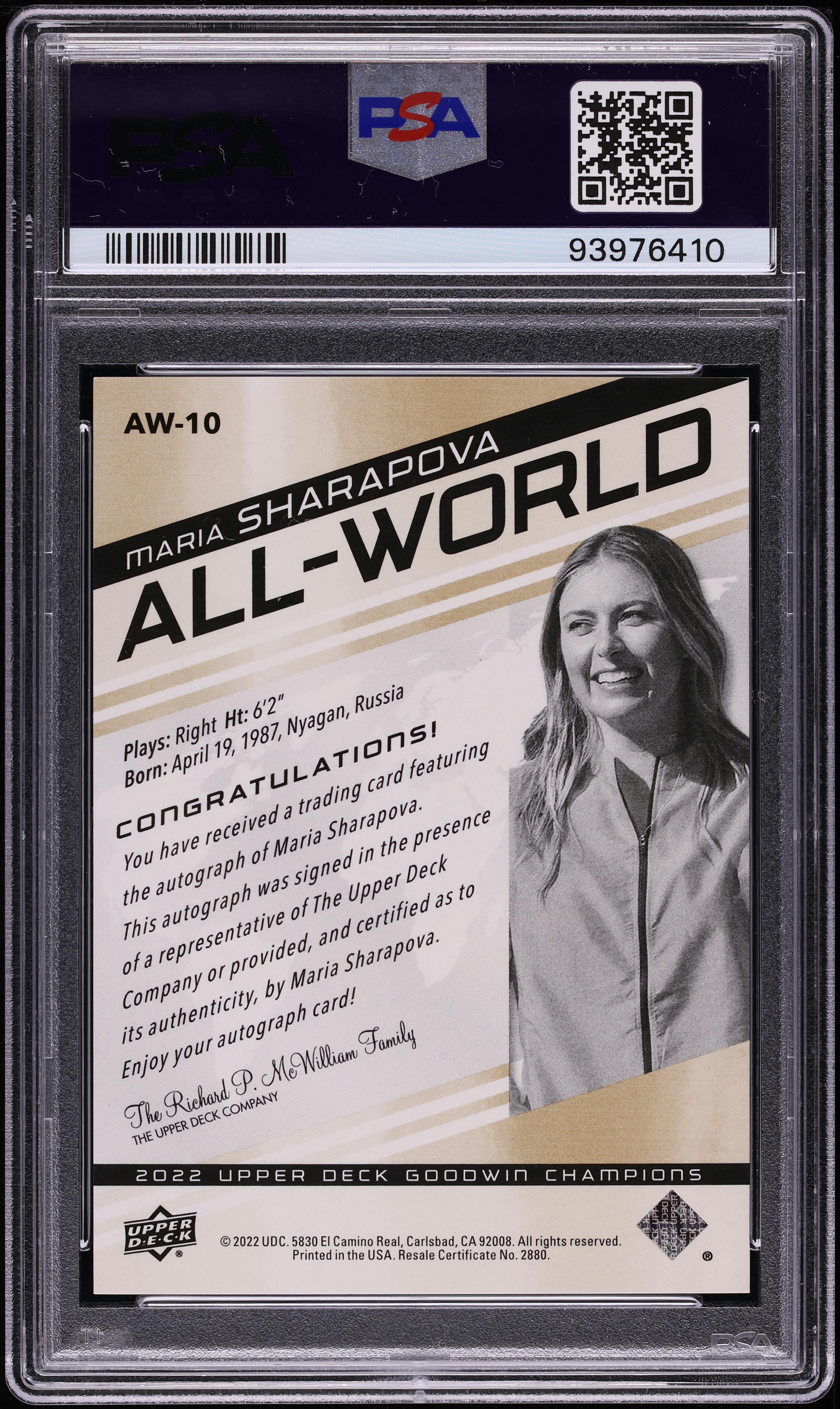 2022 Upper Deck Goodwin Champions All-World Maria Sharapova AUTO