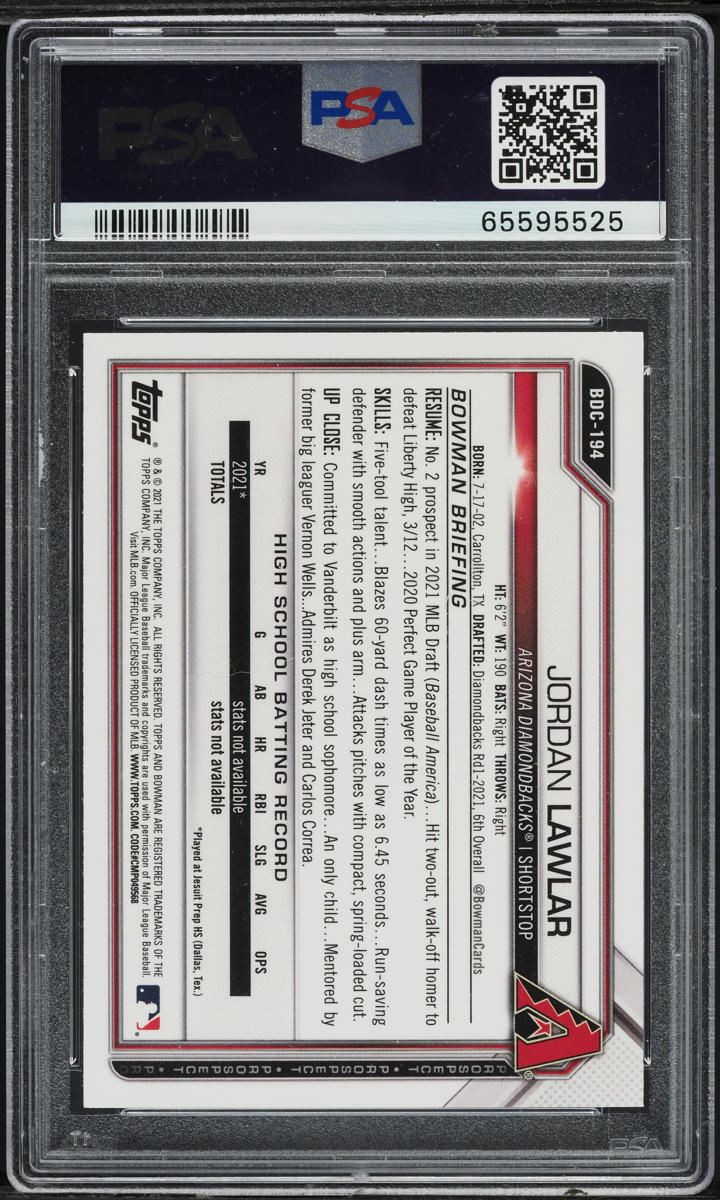 2021 Bowman Chrome Draft Sky Blue Refractor Jordan Lawlar ROOKIE #BDC-194 PSA 9
