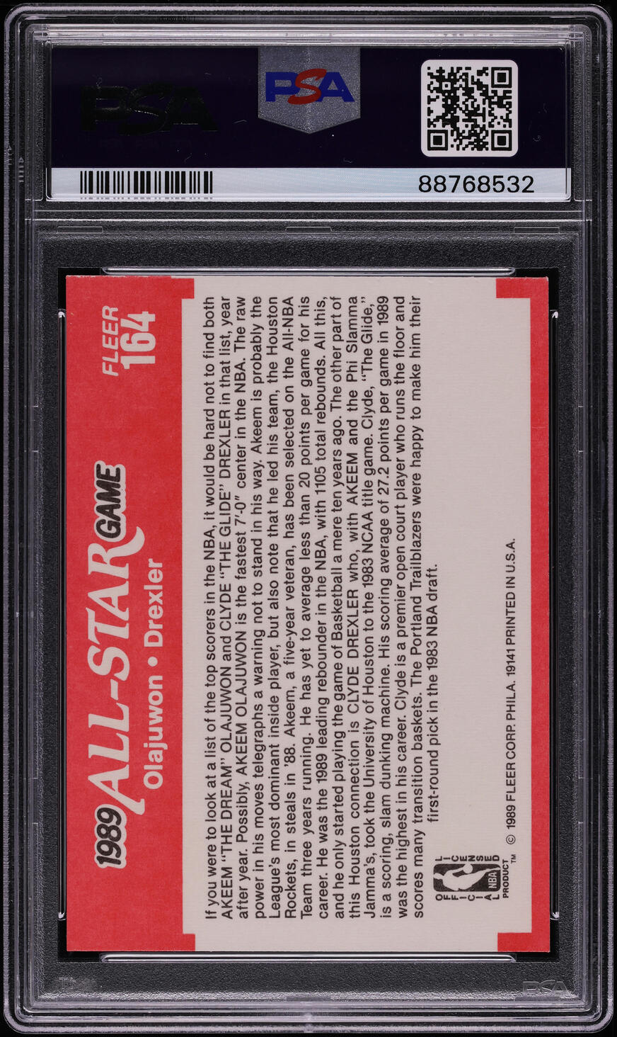 1989 Fleer Basketball Hakeem Olajuwon Clyde Drexler #164 PSA 9 MINT
