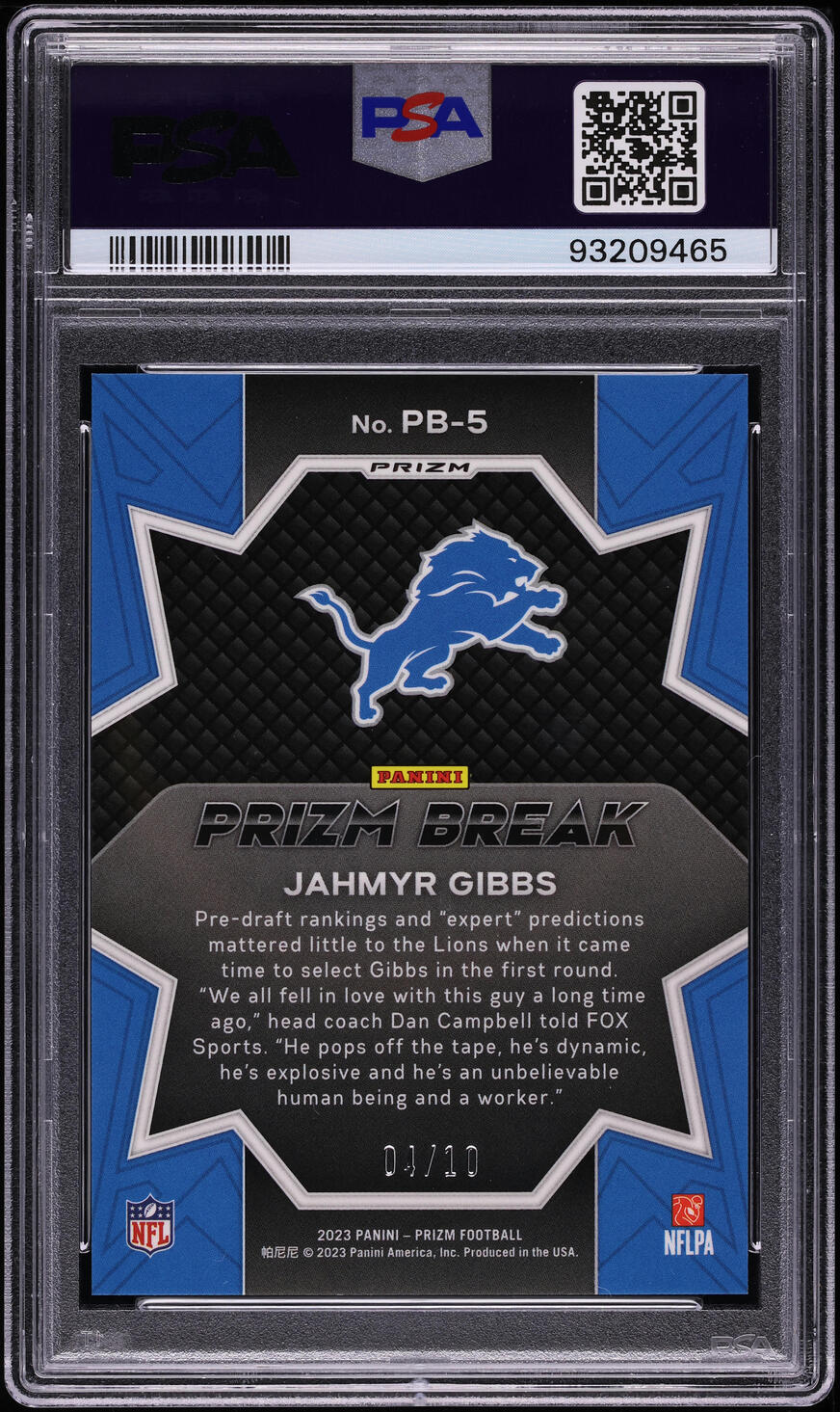 2023 Panini Prizm Break Gold Jahmyr Gibbs ROOKIE /10 #PB-5 PSA 10