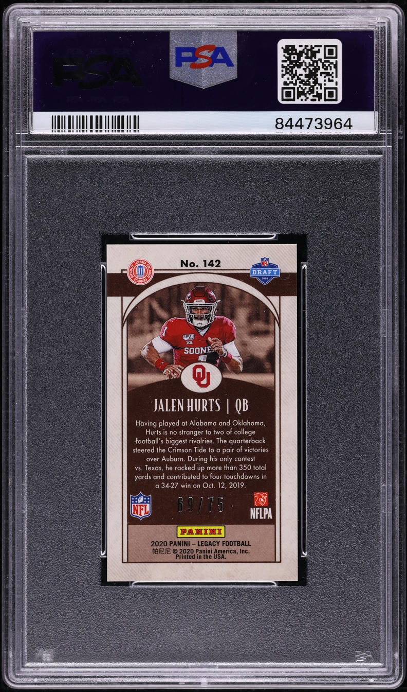2020 Panini Legacy Premium Edition Mini Ruby Jalen Hurts ROOKIE /75 #142 PSA 10