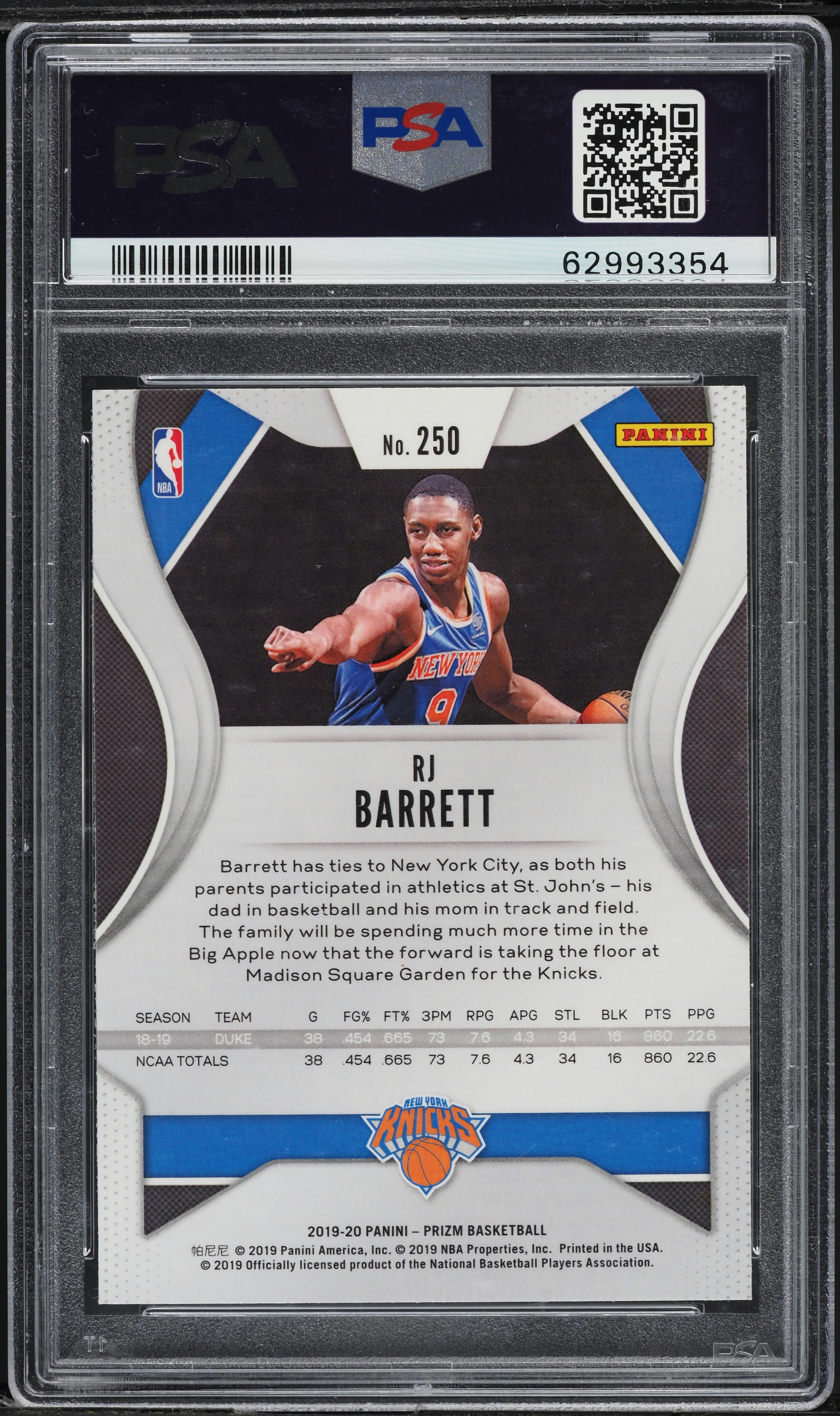 2019 Panini Prizm RJ Barrett ROOKIE #250 PSA 9 MINT on Fanatics