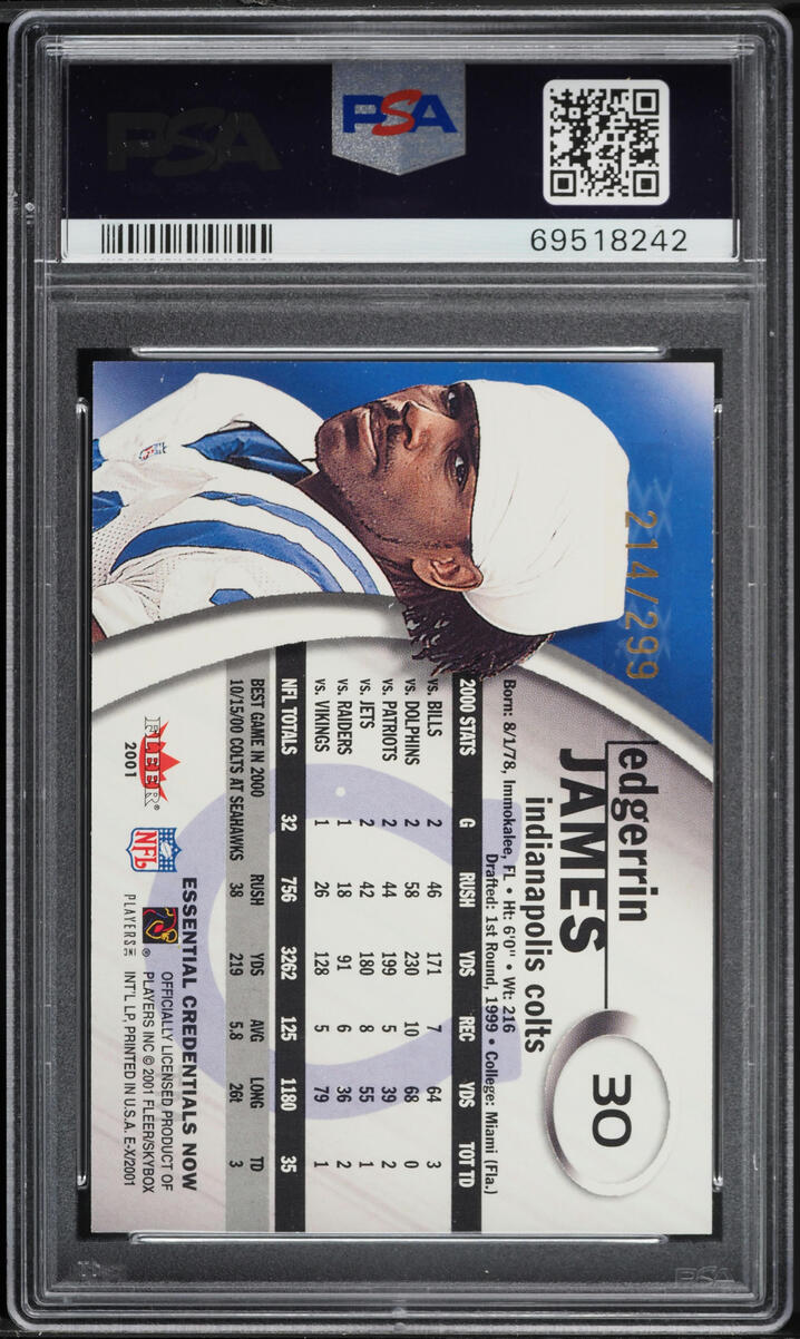 2001 Fleer E-X Essential Credentials Now Edgerrin James /299 #30 PSA 8 NM-MT
