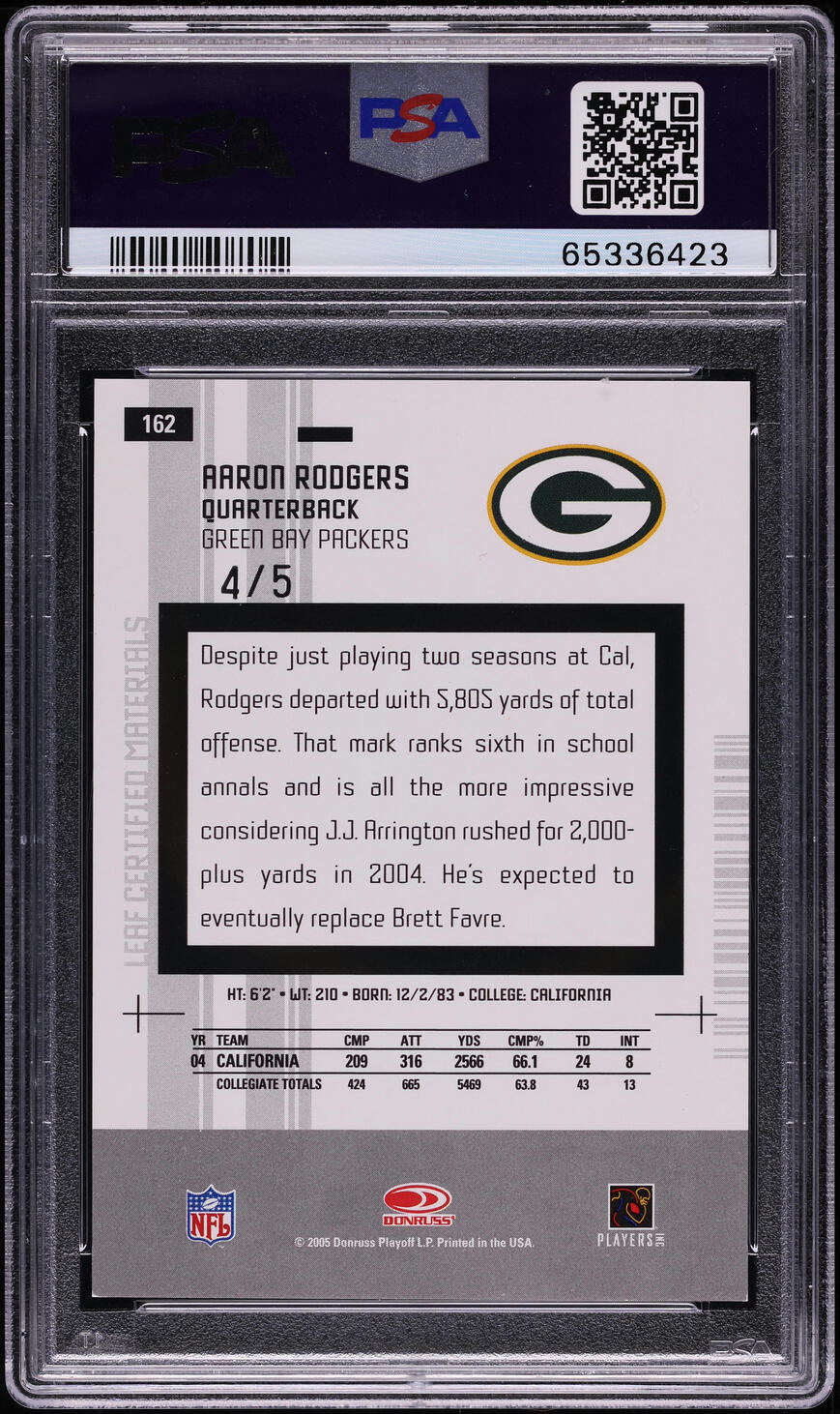 2005 Leaf Certified Mirror Emerald Aaron Rodgers ROOKIE AUTO /5 #162 PSA 9 MINT