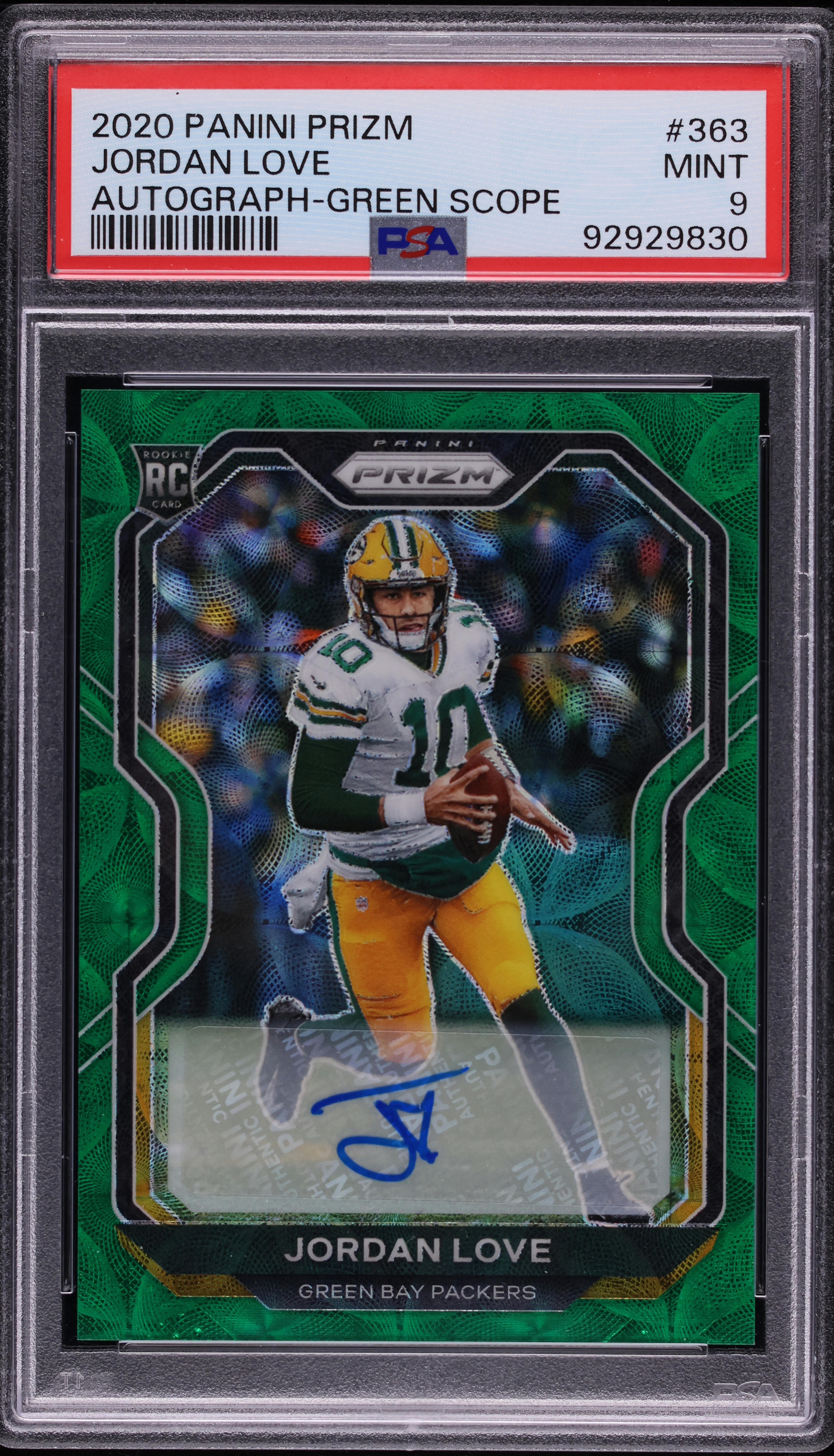 2020 Panini Prizm Green Scope Jordan Love ROOKIE AUTO /75 #363 PSA