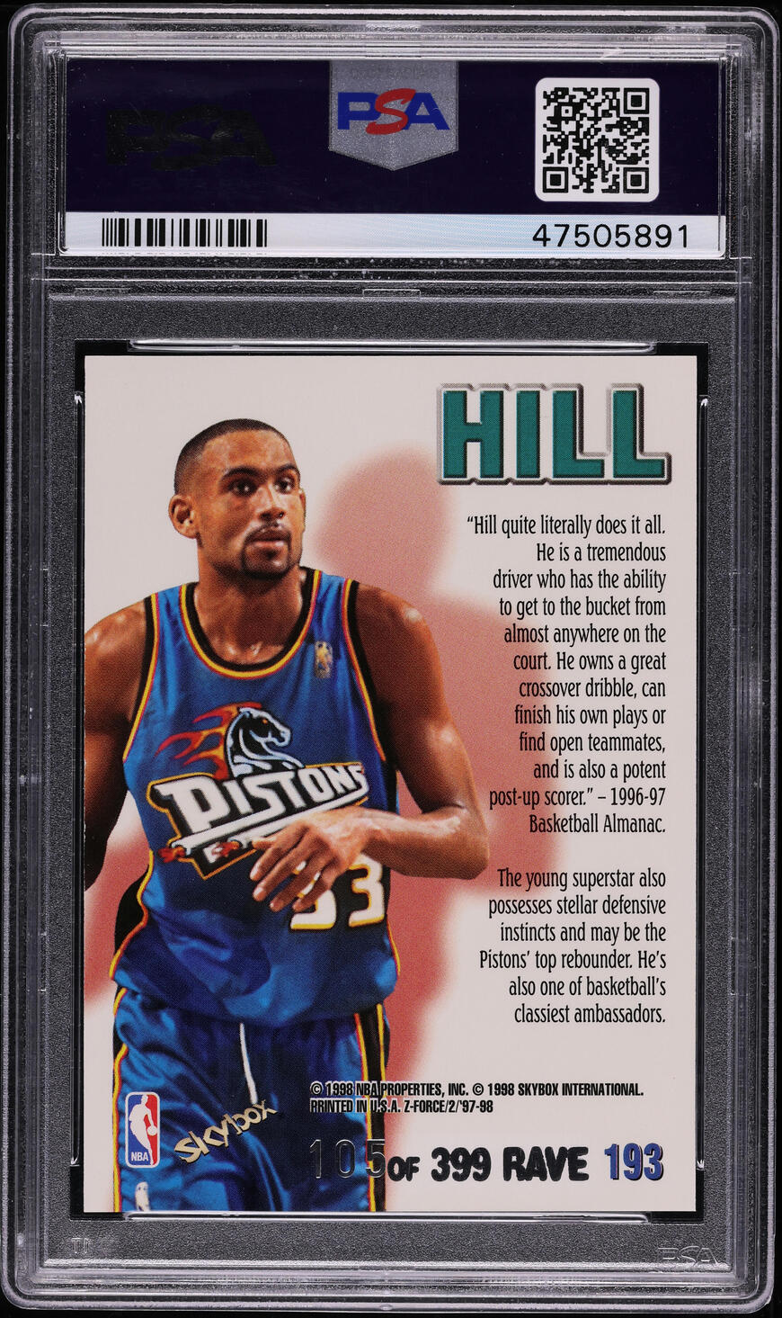 1997 Skybox Z-Force Rave Grant Hill /399 #193 PSA 10 GEM MINT
