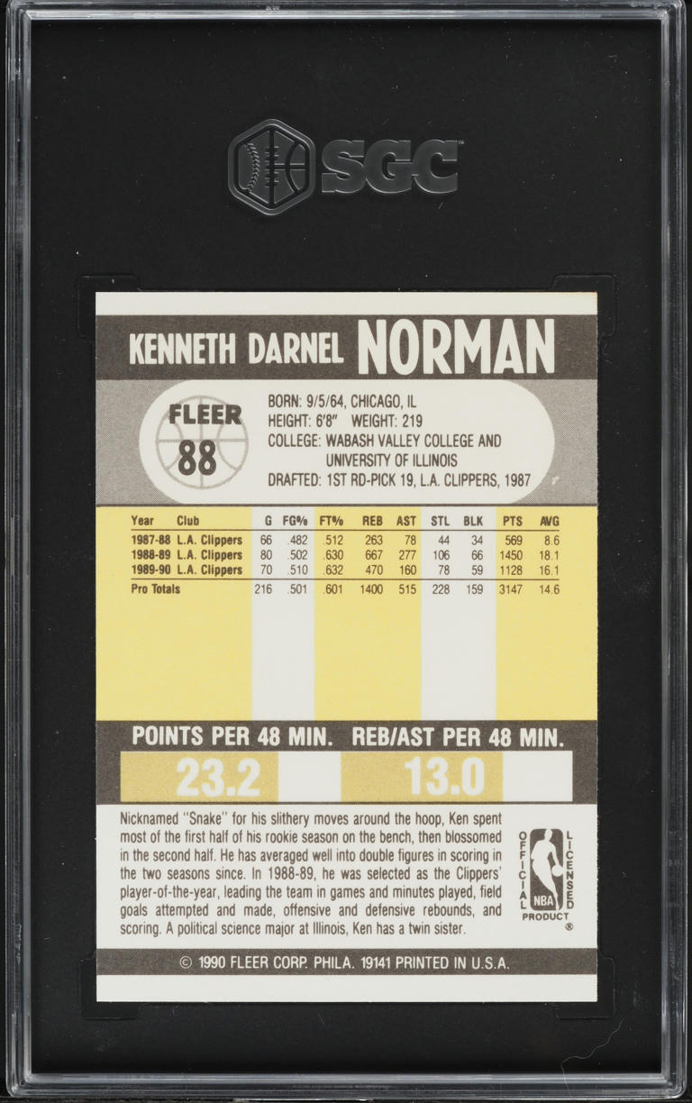 1990 Fleer Basketball Ken Norman #88 SGC 9 MINT