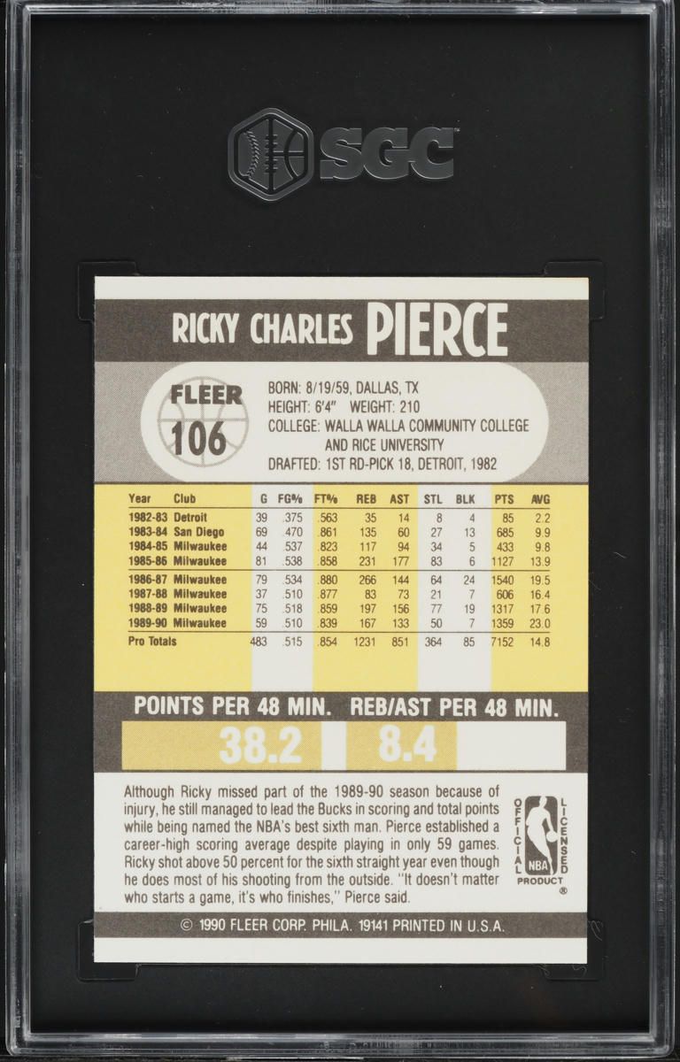 1990 Fleer Basketball Ricky Pierce #106 SGC 9 MINT