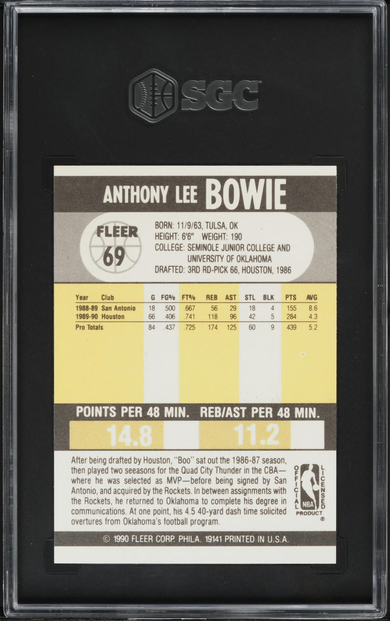 1990 Fleer Basketball Anthony Bowie #69 SGC 9 MINT