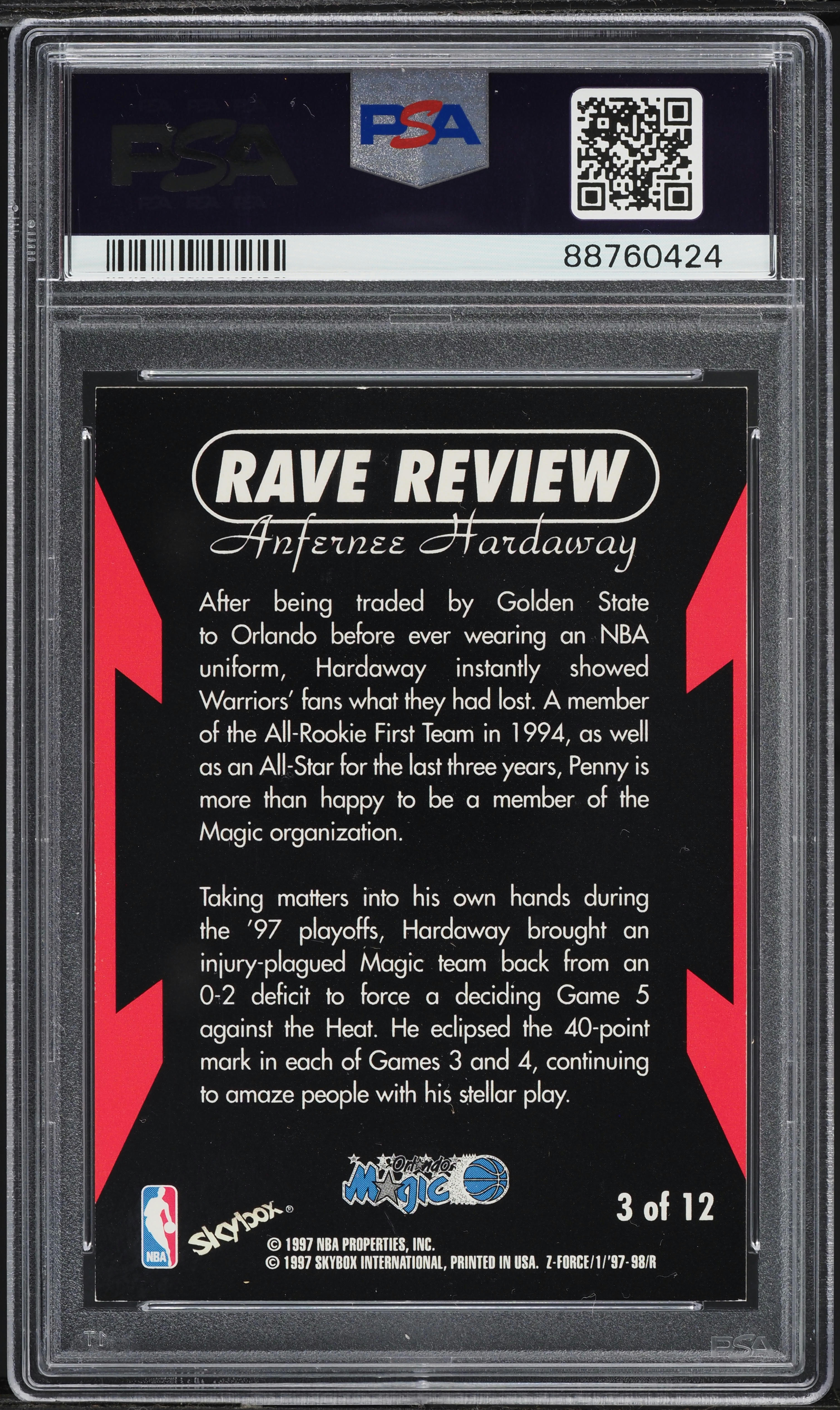1997 Skybox Z-Force Rave Review Anfernee Hardaway #3 PSA 8 NM-MT