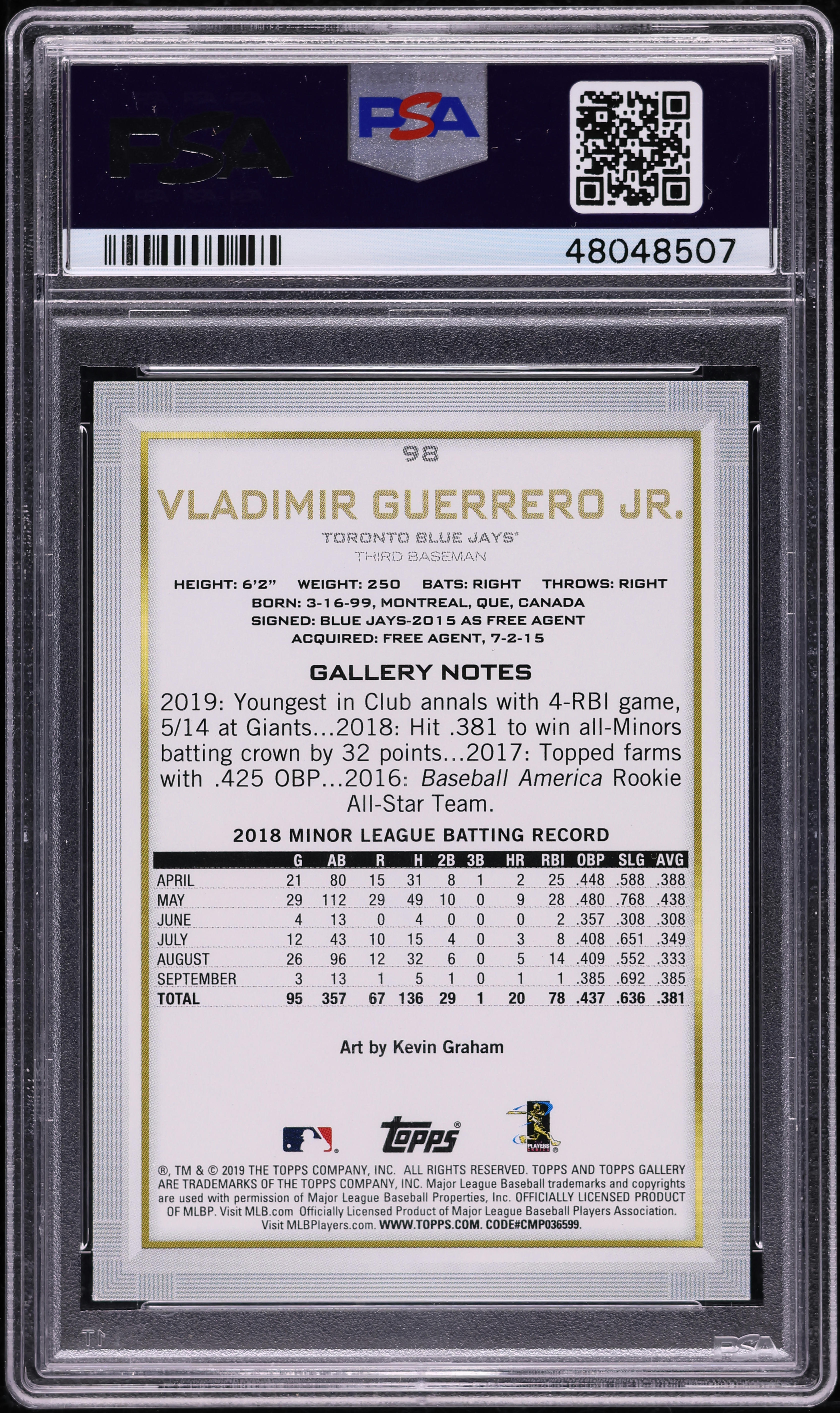 2019 Topps Gallery Vladimir Guerrero Jr. ROOKIE #98 PSA 10 GEM