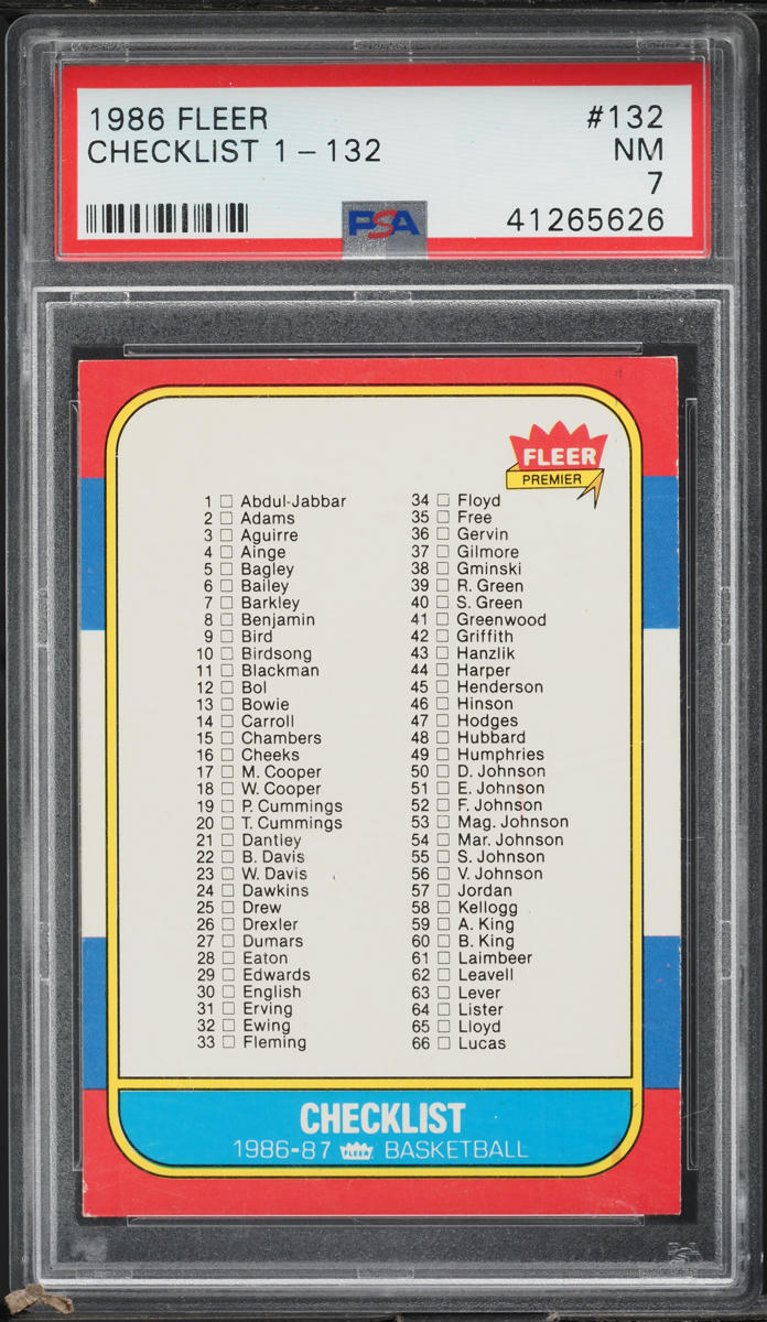 1986 Fleer Basketball Checklist 1-132 #132 PSA 7 NRMT