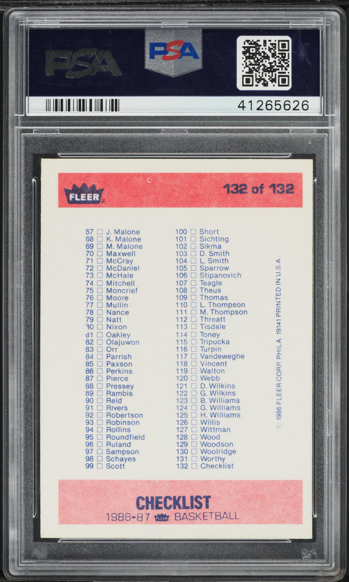 1986 Fleer Basketball Checklist 1-132 #132 PSA 7 NRMT