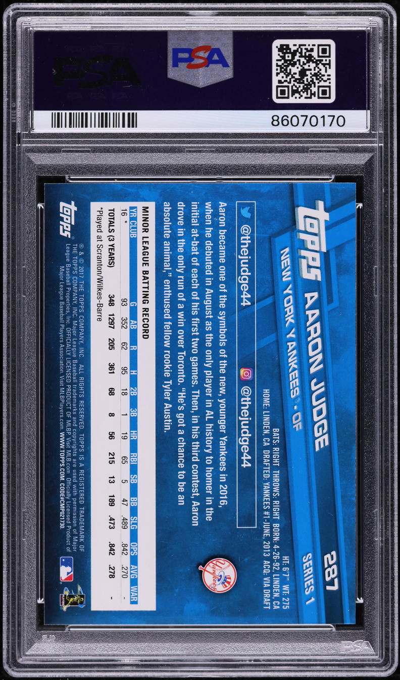 2017 Topps Catching Aaron Judge ROOKIE #287 PSA 10 GEM MINT