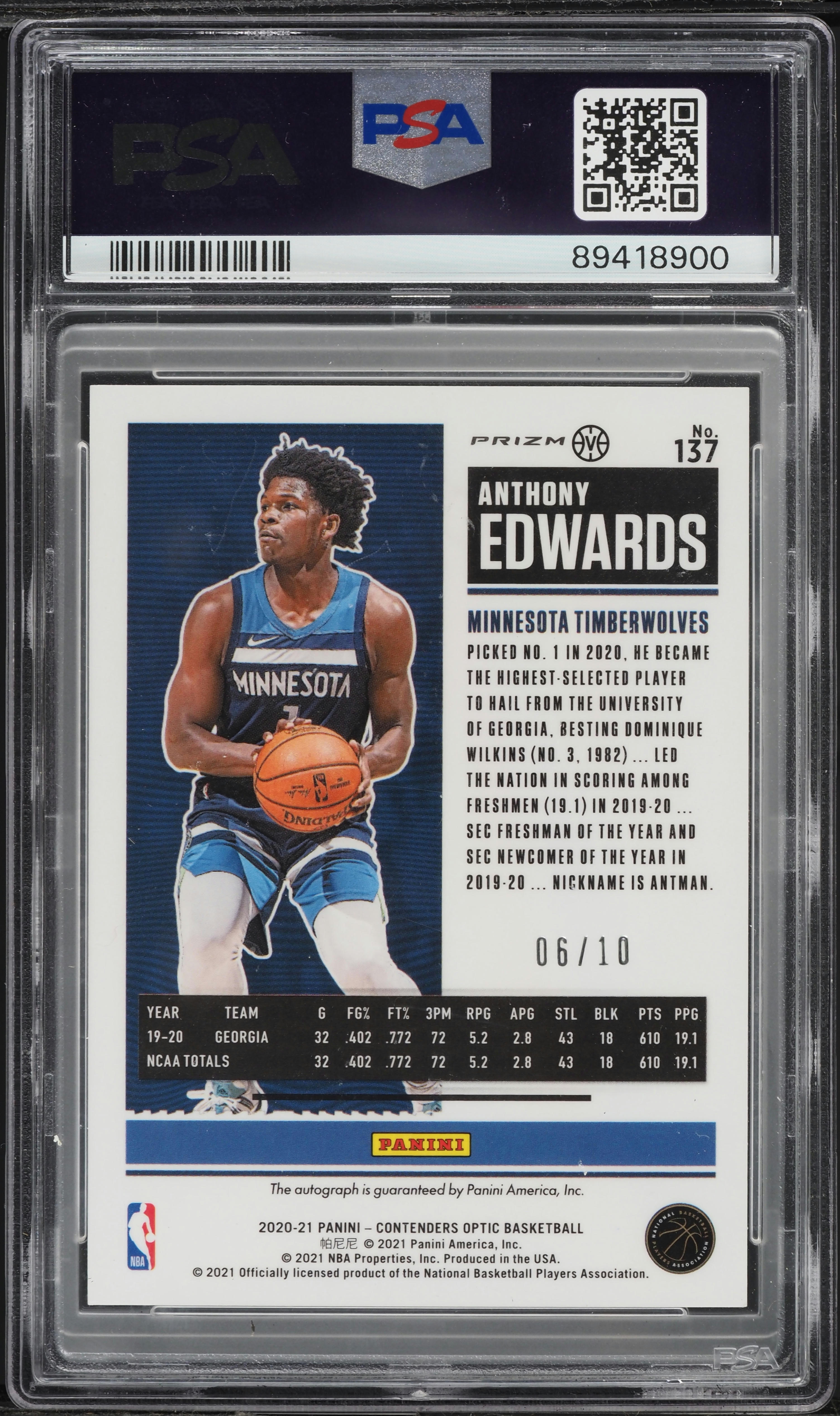 2020 Panini Contenders Optic Gold Anthony Edwards ROOKIE AUTO /10 