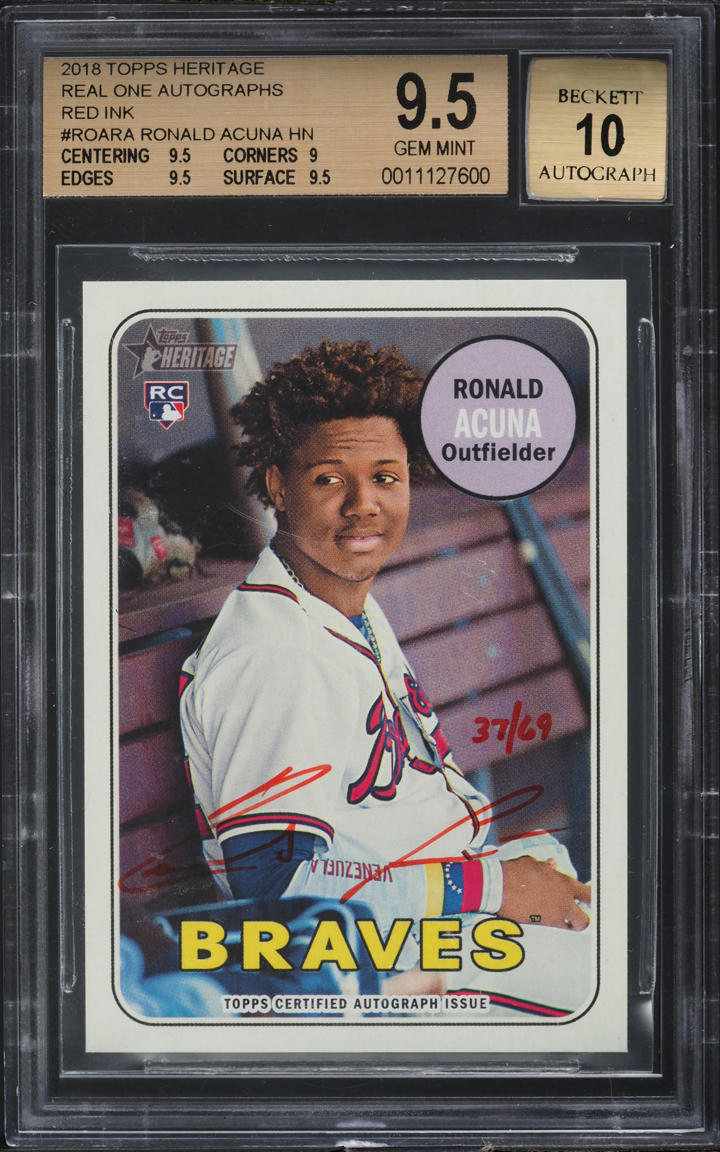 2018 Topps Heritage Real One Red Ink Ronald Acuna ROOKIE AUTO /69 BGS 9.5 GEM